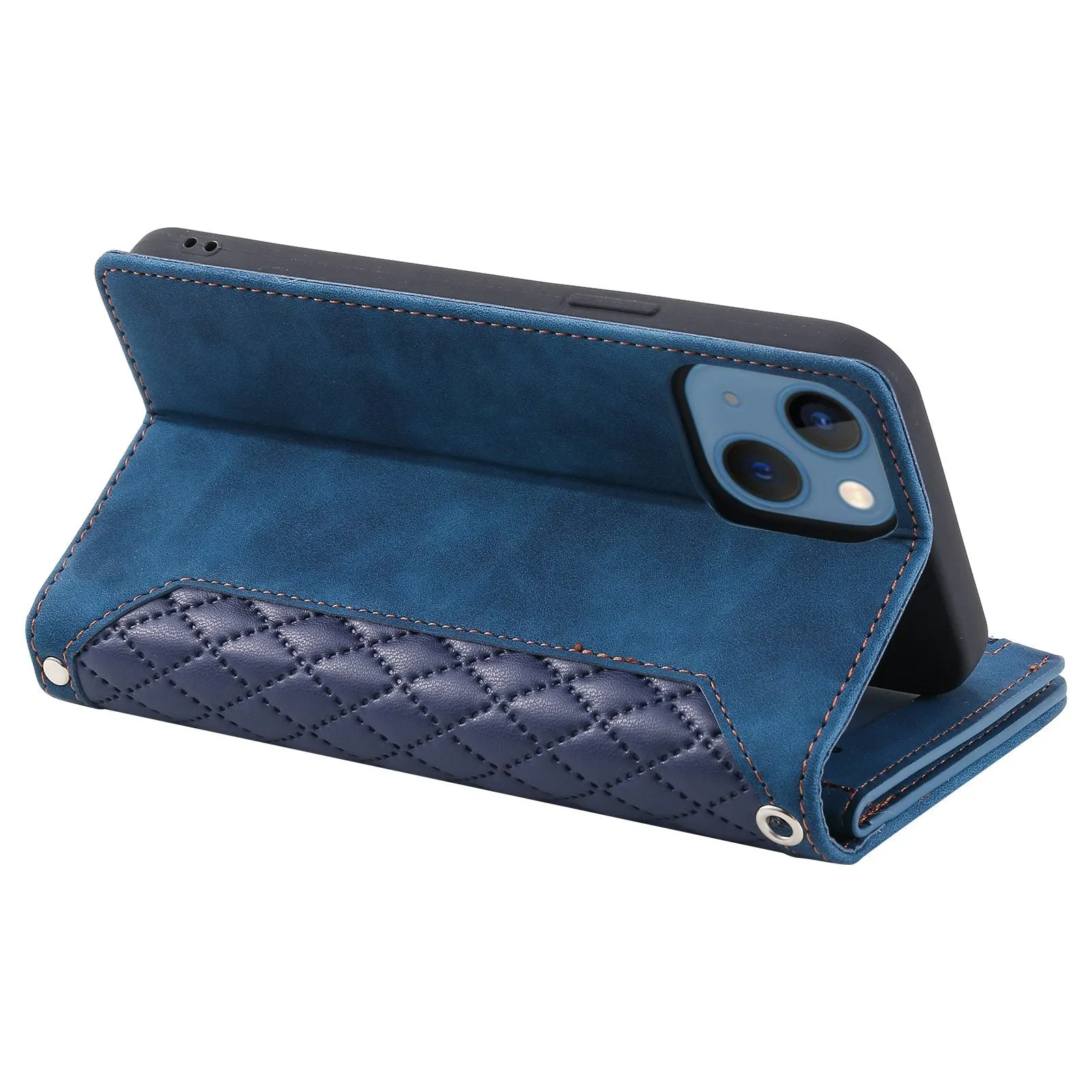 005 Style For iPhone 14 6.1 inch, Shockproof Zipper Pocket Flip Wallet Case Stand PU Leather Rhombus Texture Protective Phone Cover with Strap Card Holder