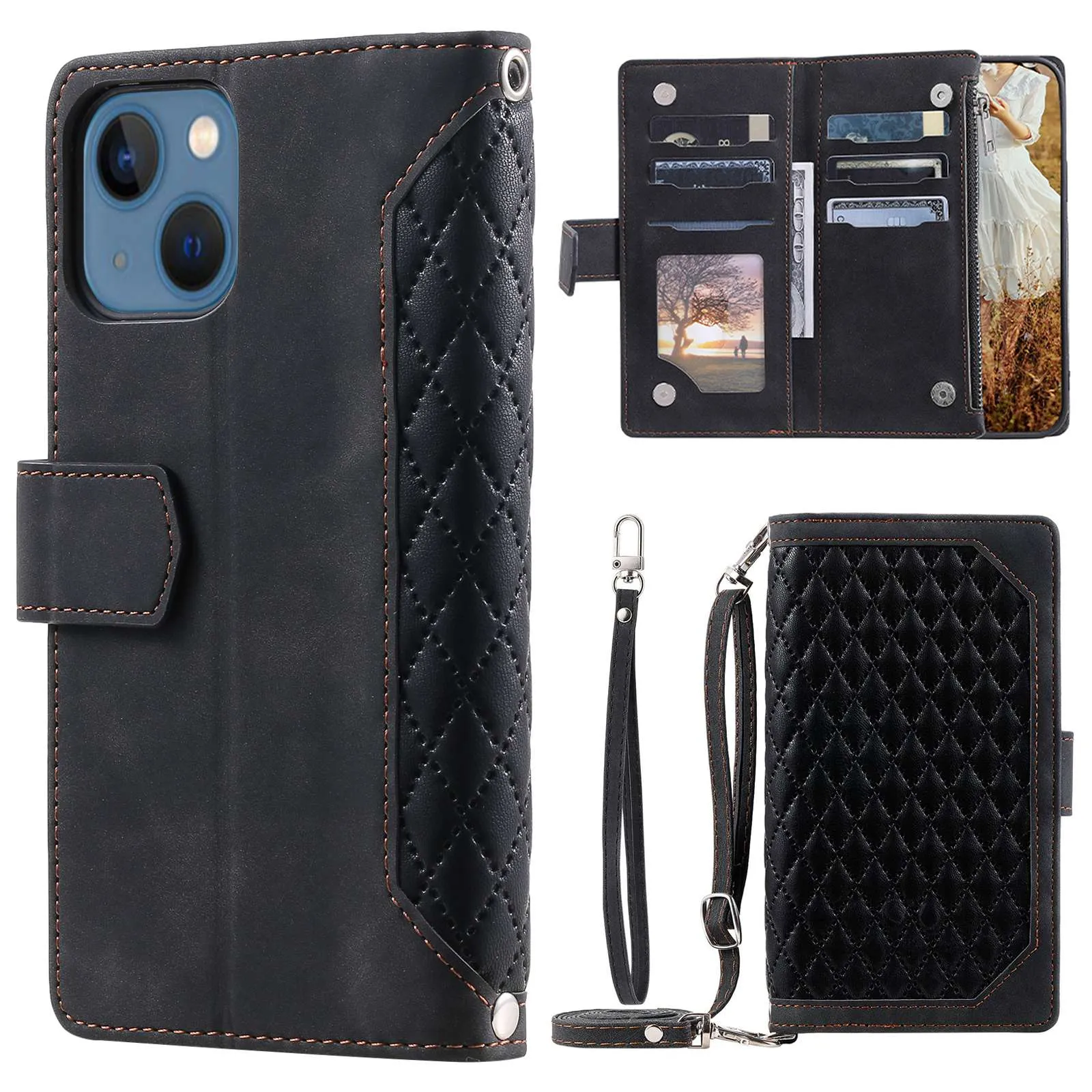 005 Style For iPhone 14 6.1 inch, Shockproof Zipper Pocket Flip Wallet Case Stand PU Leather Rhombus Texture Protective Phone Cover with Strap Card Holder