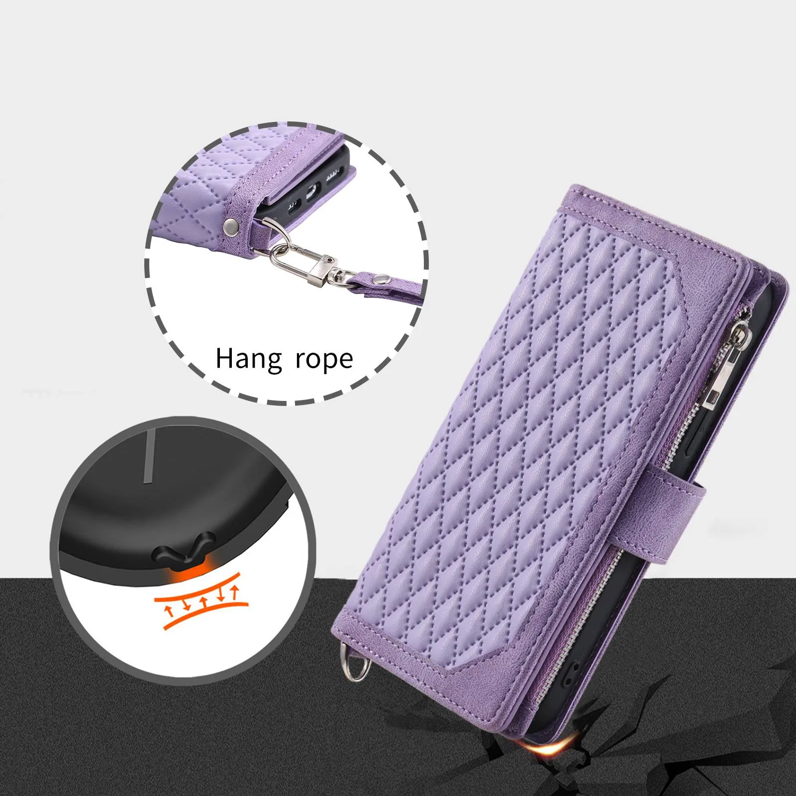 005 Style For iPhone 14 6.1 inch, Shockproof Zipper Pocket Flip Wallet Case Stand PU Leather Rhombus Texture Protective Phone Cover with Strap Card Holder