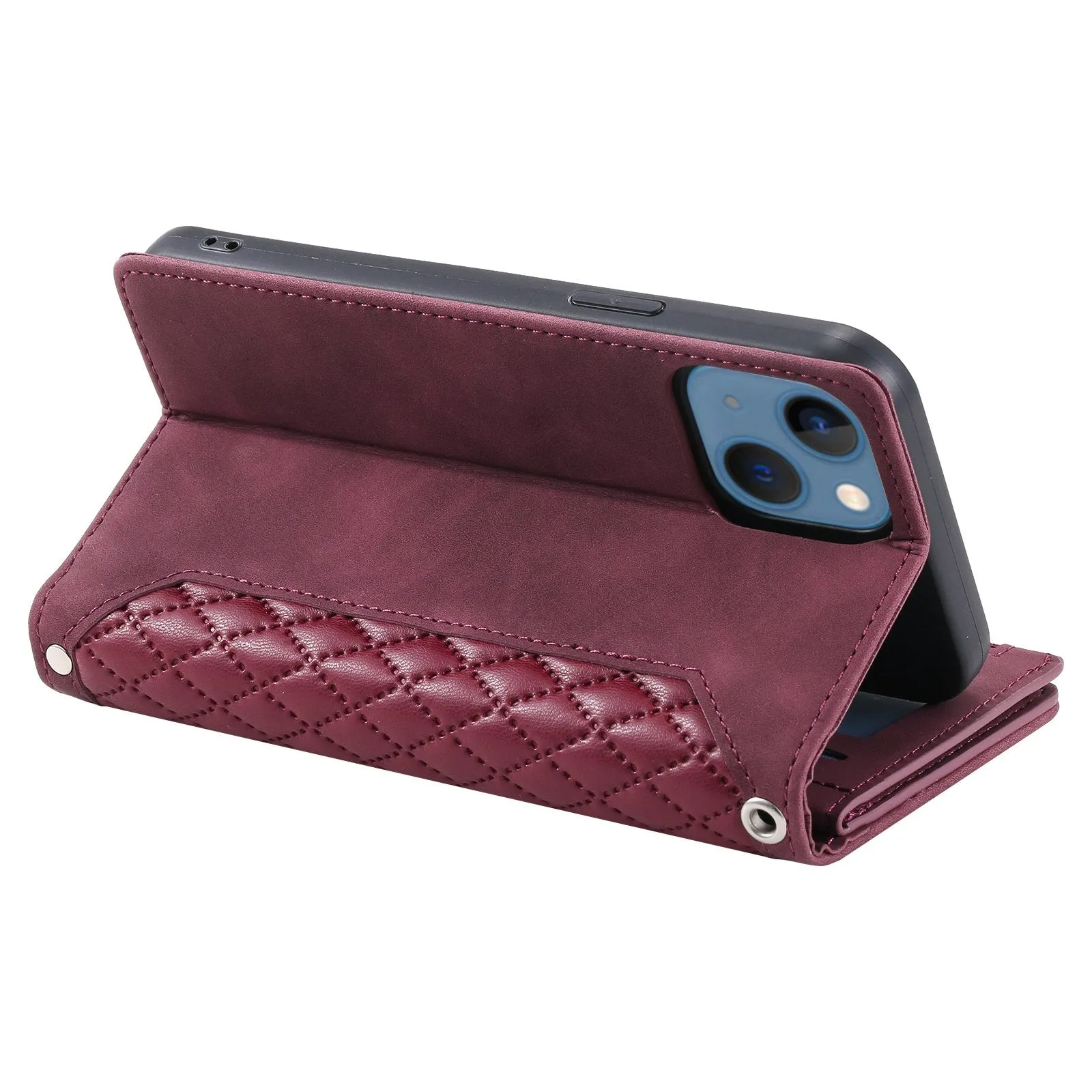 005 Style For iPhone 14 6.1 inch, Shockproof Zipper Pocket Flip Wallet Case Stand PU Leather Rhombus Texture Protective Phone Cover with Strap Card Holder