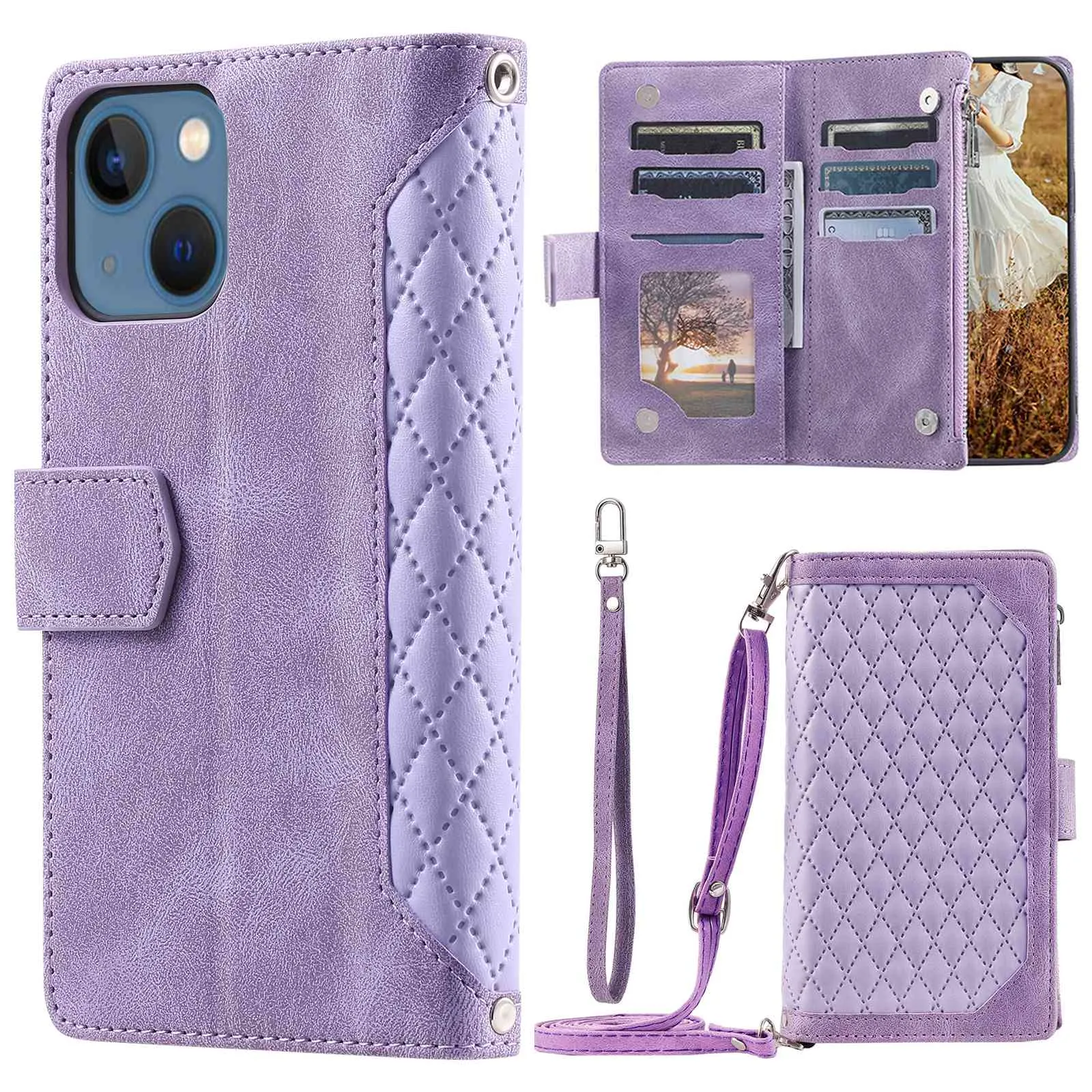 005 Style For iPhone 14 6.1 inch, Shockproof Zipper Pocket Flip Wallet Case Stand PU Leather Rhombus Texture Protective Phone Cover with Strap Card Holder