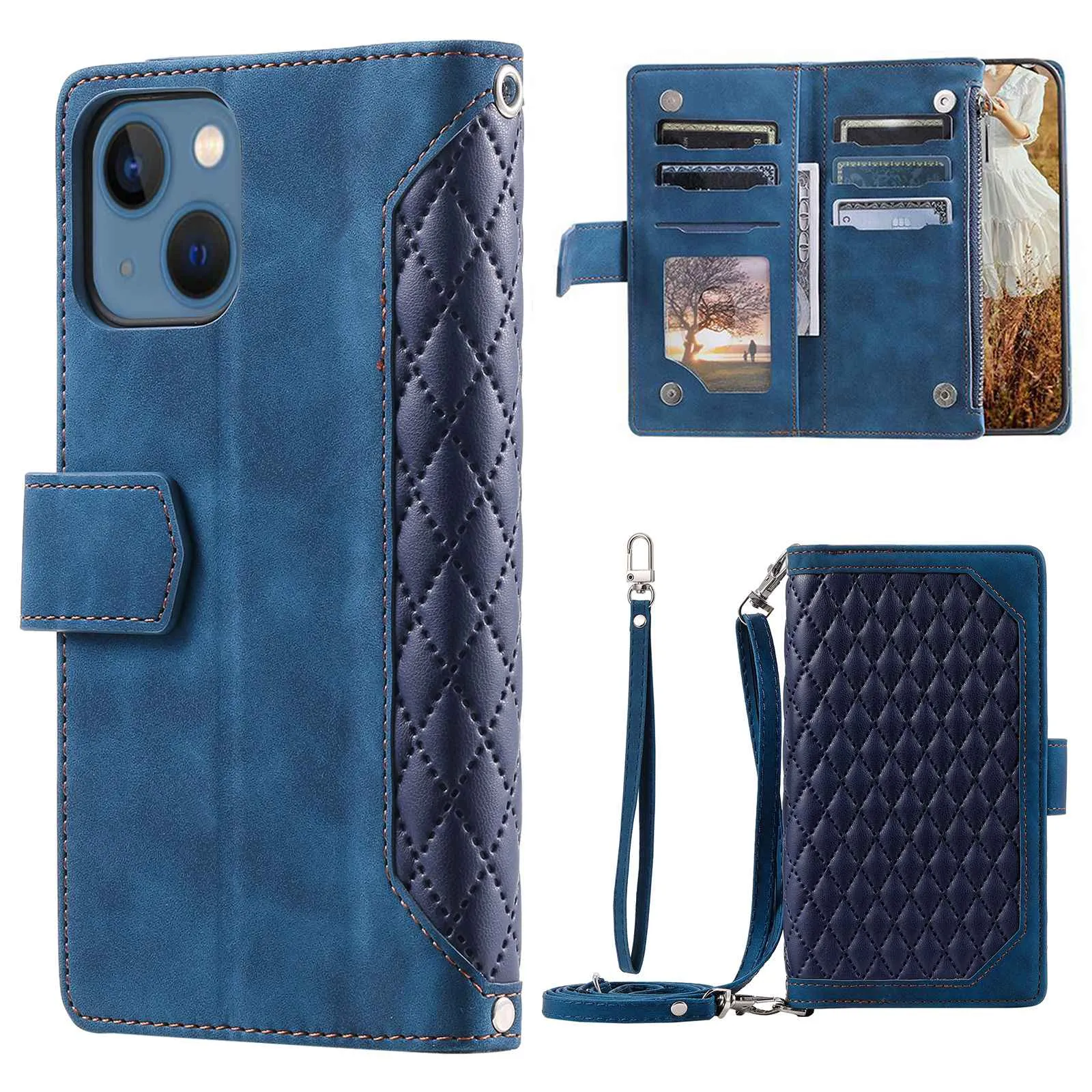 005 Style For iPhone 14 6.1 inch, Shockproof Zipper Pocket Flip Wallet Case Stand PU Leather Rhombus Texture Protective Phone Cover with Strap Card Holder
