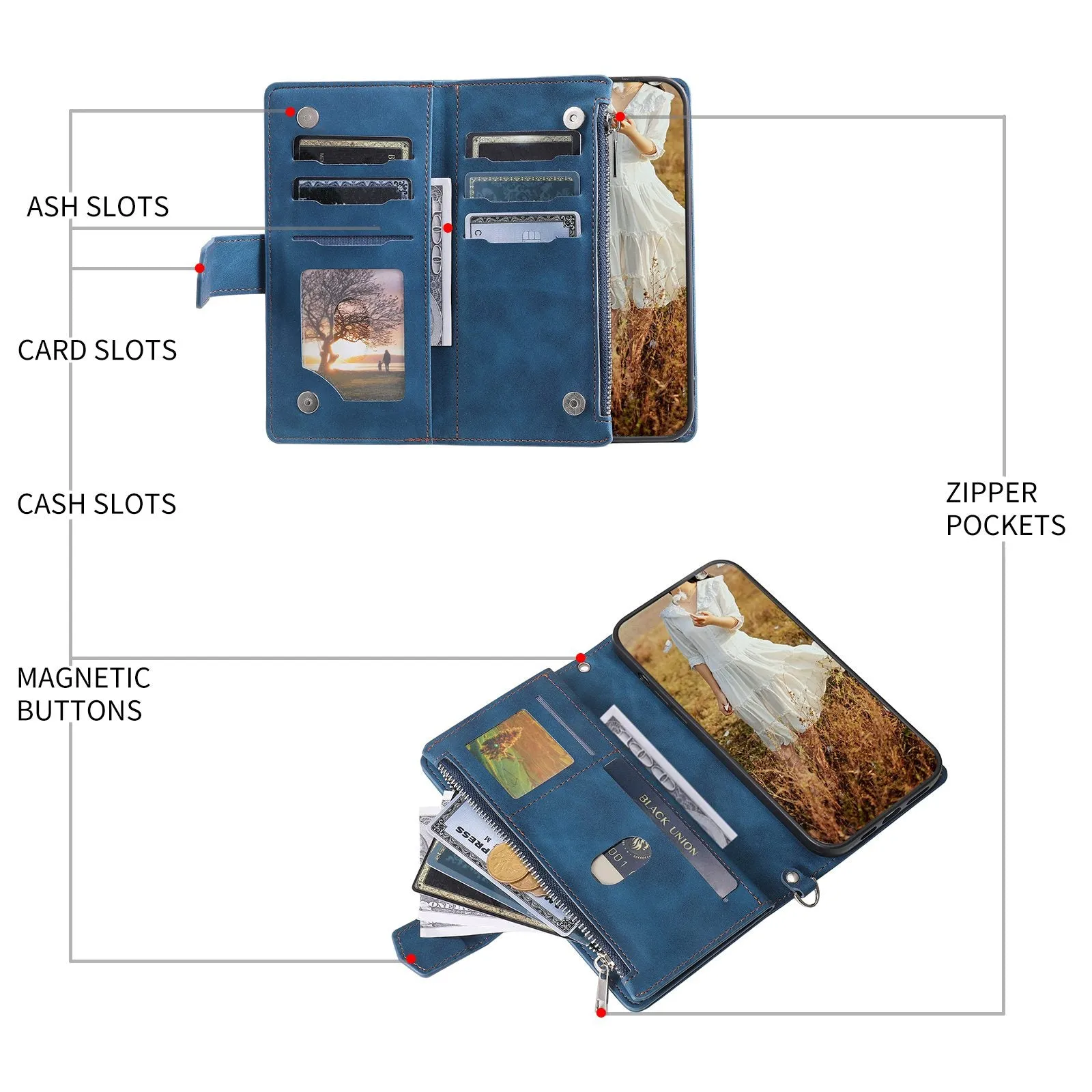 005 Style For iPhone 14 6.1 inch, Shockproof Zipper Pocket Flip Wallet Case Stand PU Leather Rhombus Texture Protective Phone Cover with Strap Card Holder