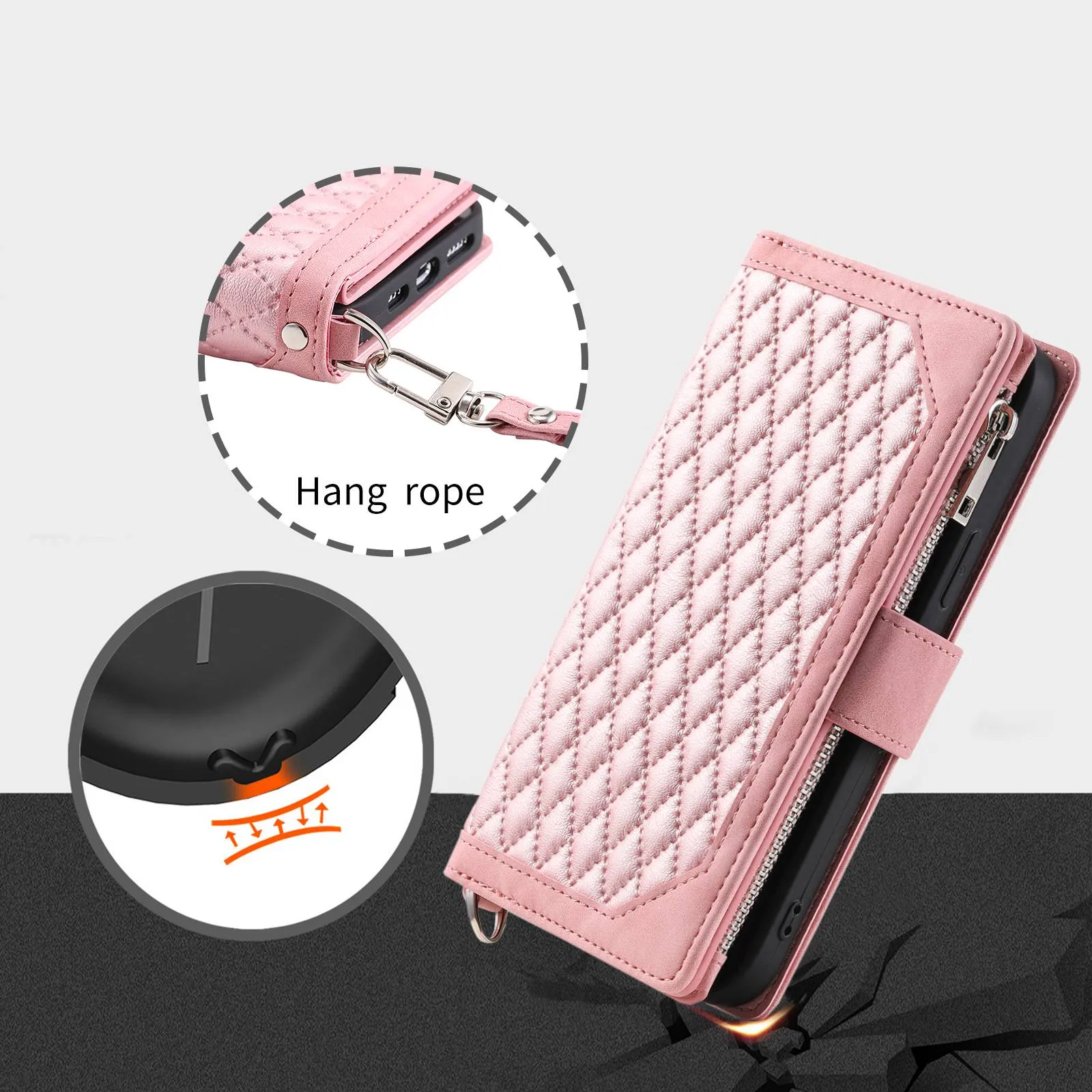 005 Style For iPhone 14 6.1 inch, Shockproof Zipper Pocket Flip Wallet Case Stand PU Leather Rhombus Texture Protective Phone Cover with Strap Card Holder