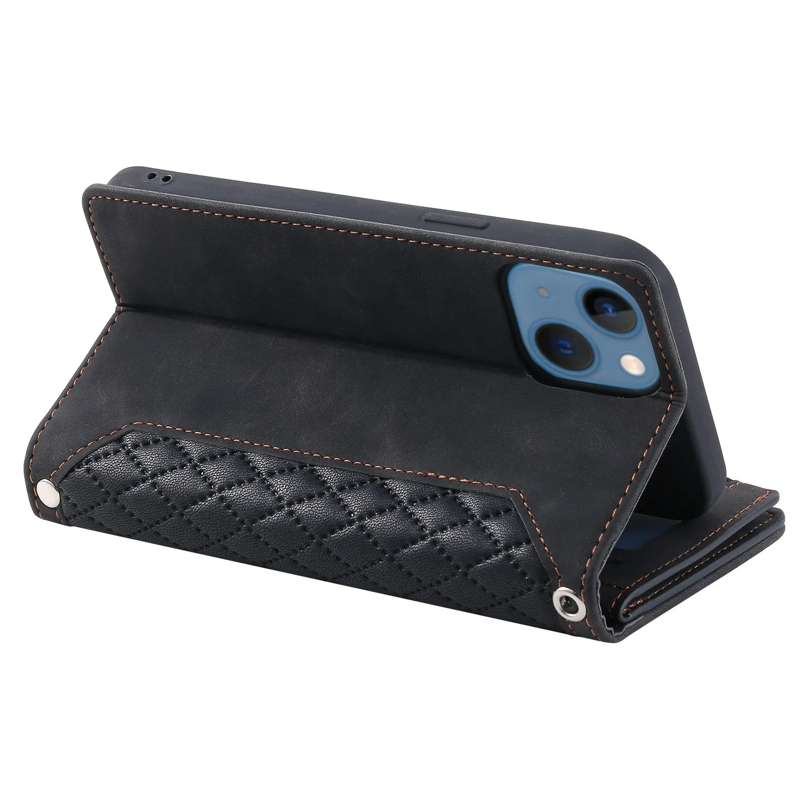 005 Style For iPhone 14 6.1 inch, Shockproof Zipper Pocket Flip Wallet Case Stand PU Leather Rhombus Texture Protective Phone Cover with Strap Card Holder