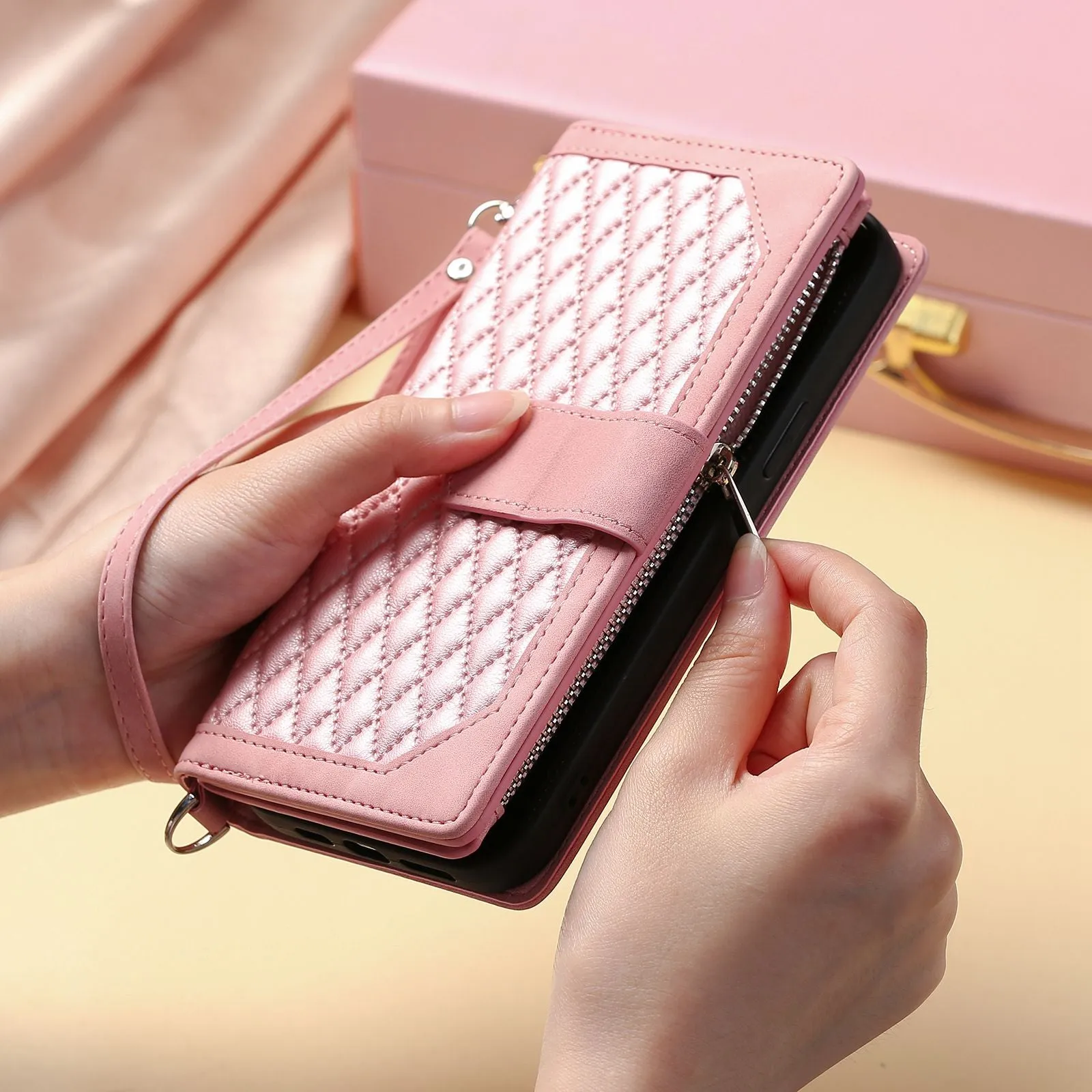 005 Style For iPhone 14 6.1 inch, Shockproof Zipper Pocket Flip Wallet Case Stand PU Leather Rhombus Texture Protective Phone Cover with Strap Card Holder