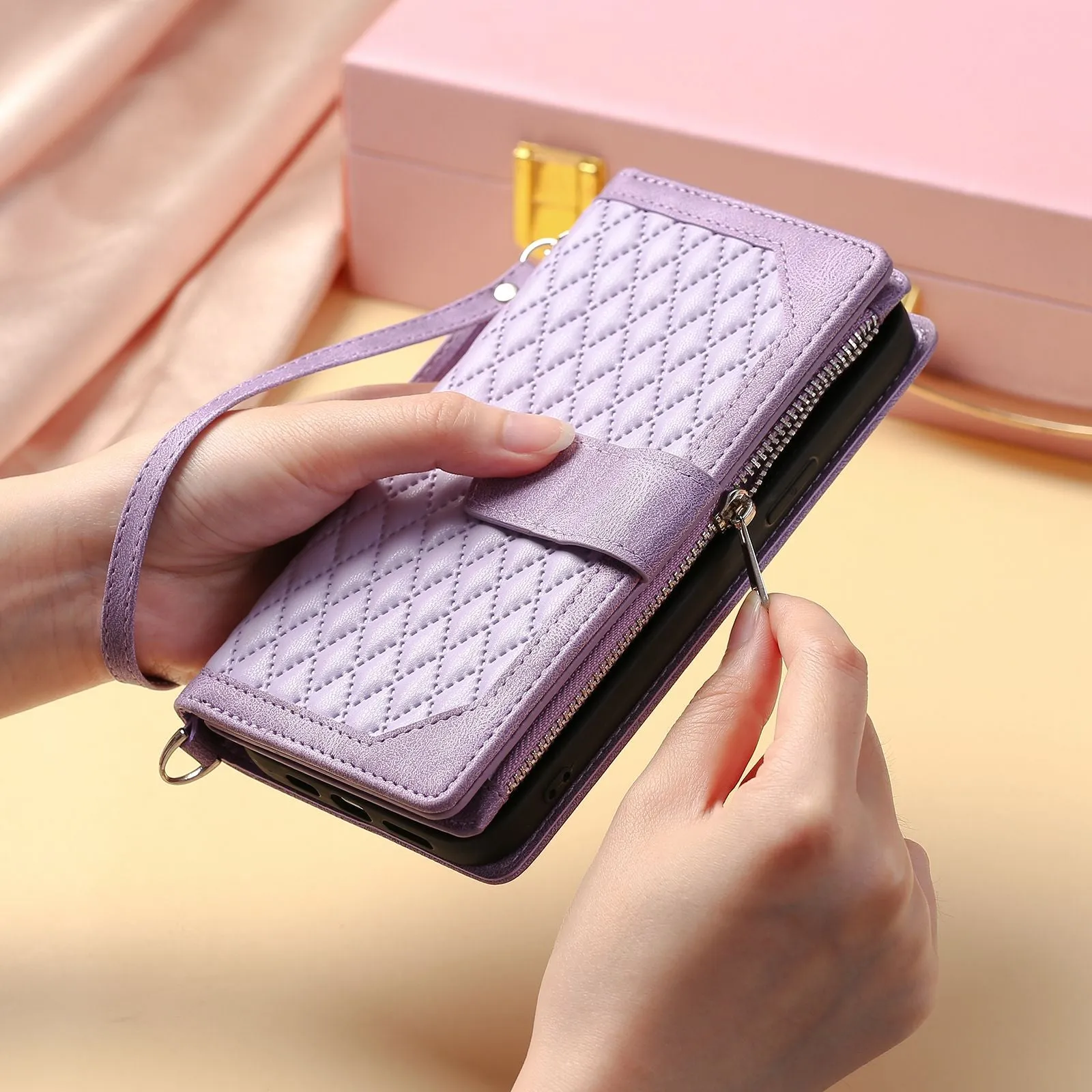 005 Style For iPhone 14 6.1 inch, Shockproof Zipper Pocket Flip Wallet Case Stand PU Leather Rhombus Texture Protective Phone Cover with Strap Card Holder