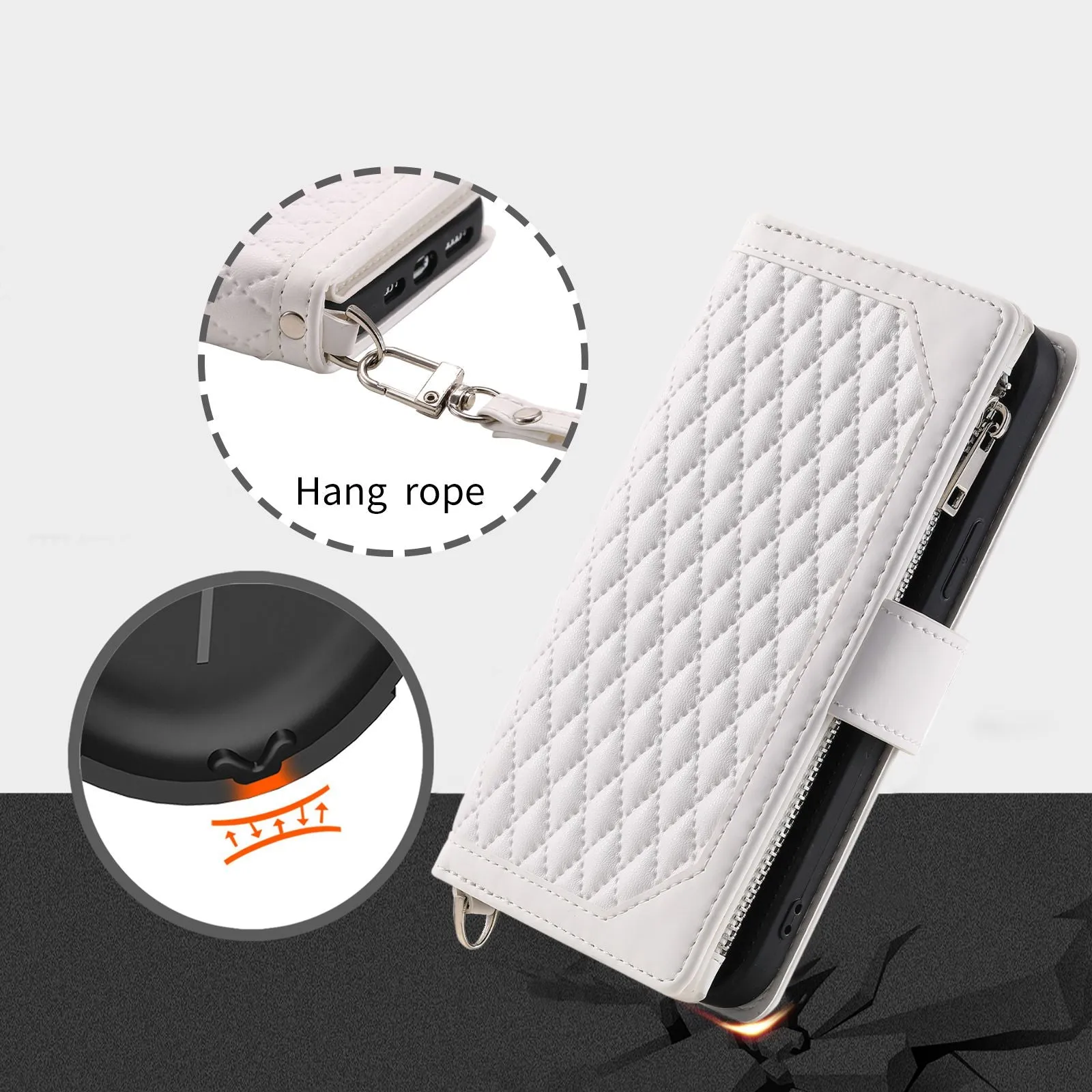005 Style For iPhone 14 6.1 inch, Shockproof Zipper Pocket Flip Wallet Case Stand PU Leather Rhombus Texture Protective Phone Cover with Strap Card Holder