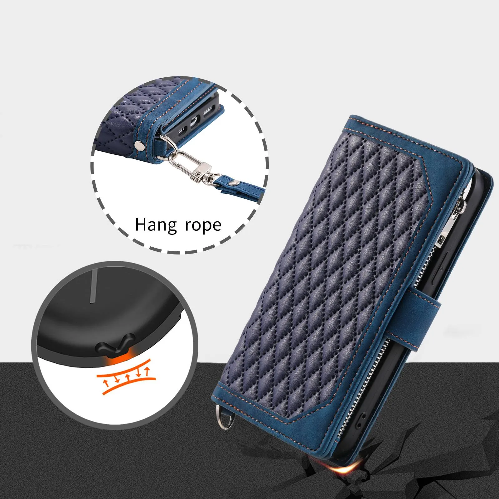 005 Style For iPhone 14 6.1 inch, Shockproof Zipper Pocket Flip Wallet Case Stand PU Leather Rhombus Texture Protective Phone Cover with Strap Card Holder