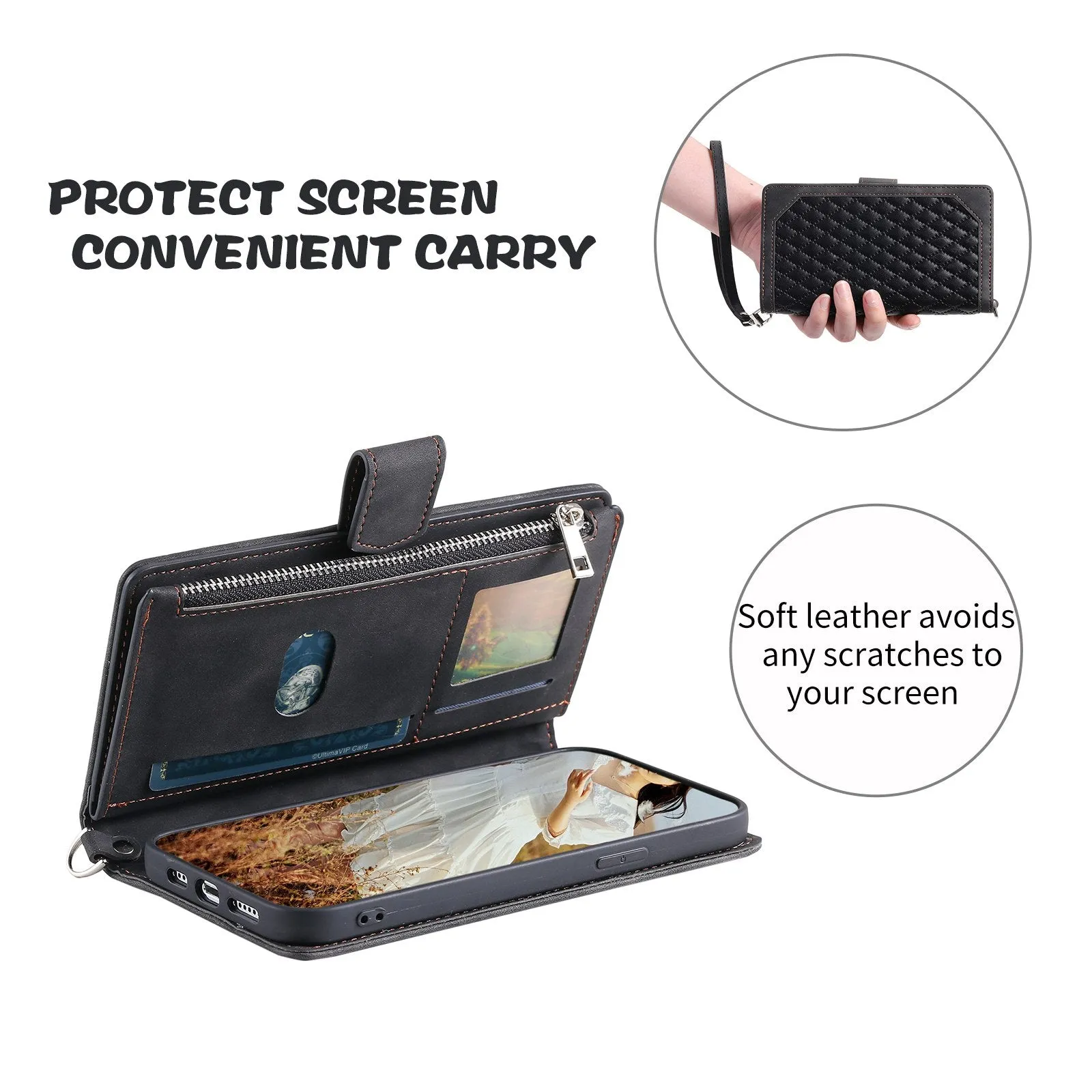 005 Style For iPhone 14 6.1 inch, Shockproof Zipper Pocket Flip Wallet Case Stand PU Leather Rhombus Texture Protective Phone Cover with Strap Card Holder
