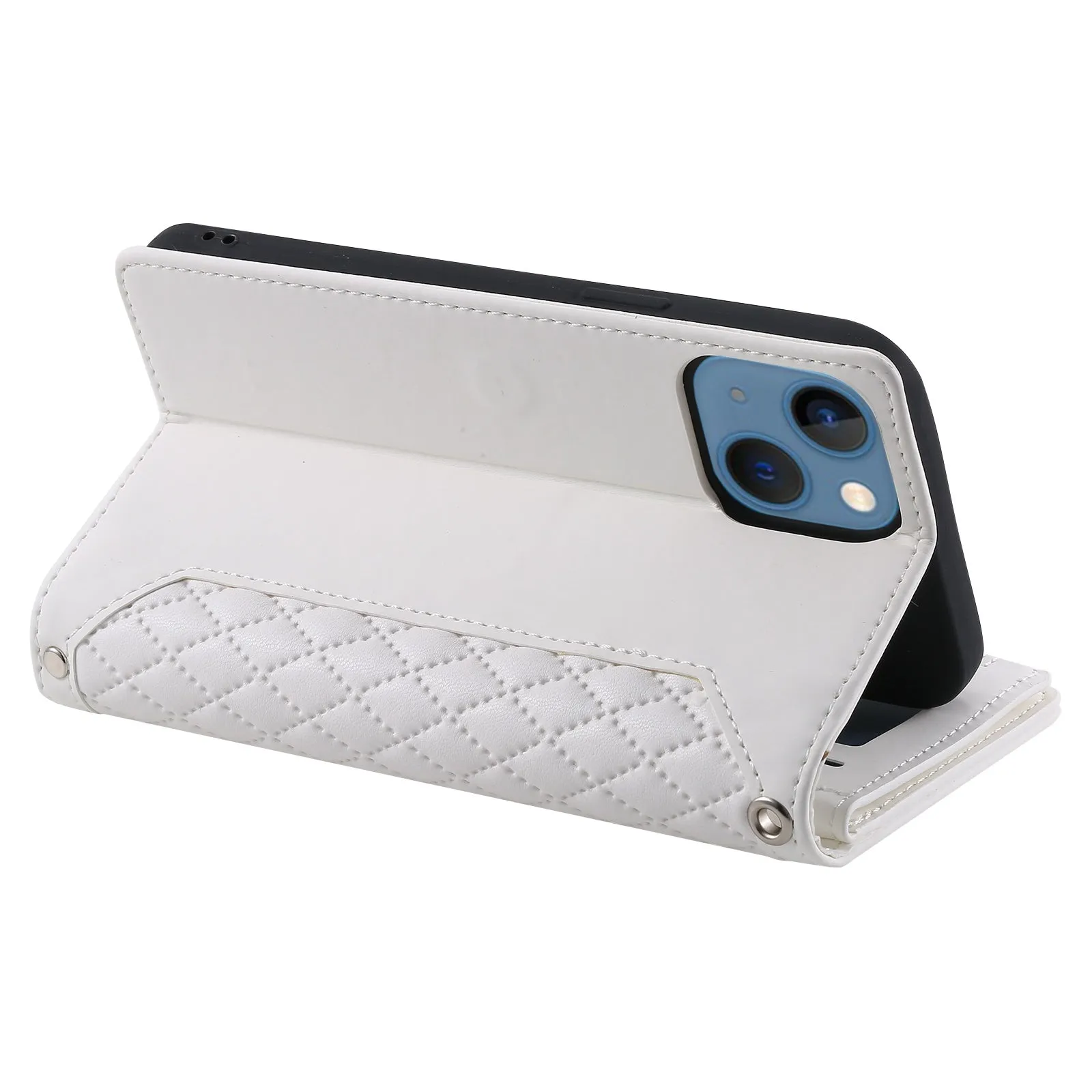 005 Style For iPhone 14 6.1 inch, Shockproof Zipper Pocket Flip Wallet Case Stand PU Leather Rhombus Texture Protective Phone Cover with Strap Card Holder