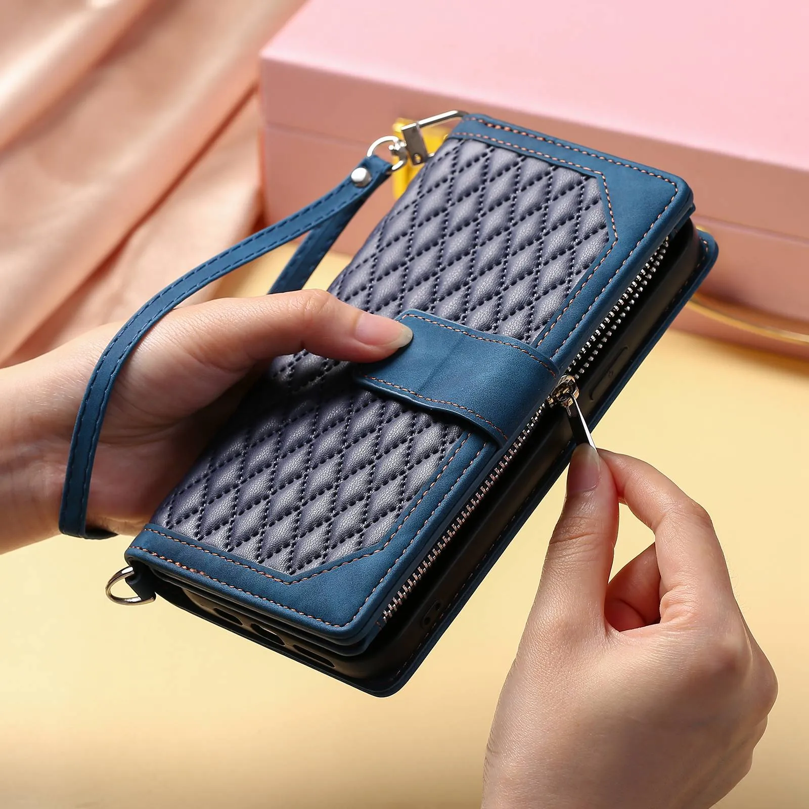 005 Style For iPhone 14 6.1 inch, Shockproof Zipper Pocket Flip Wallet Case Stand PU Leather Rhombus Texture Protective Phone Cover with Strap Card Holder