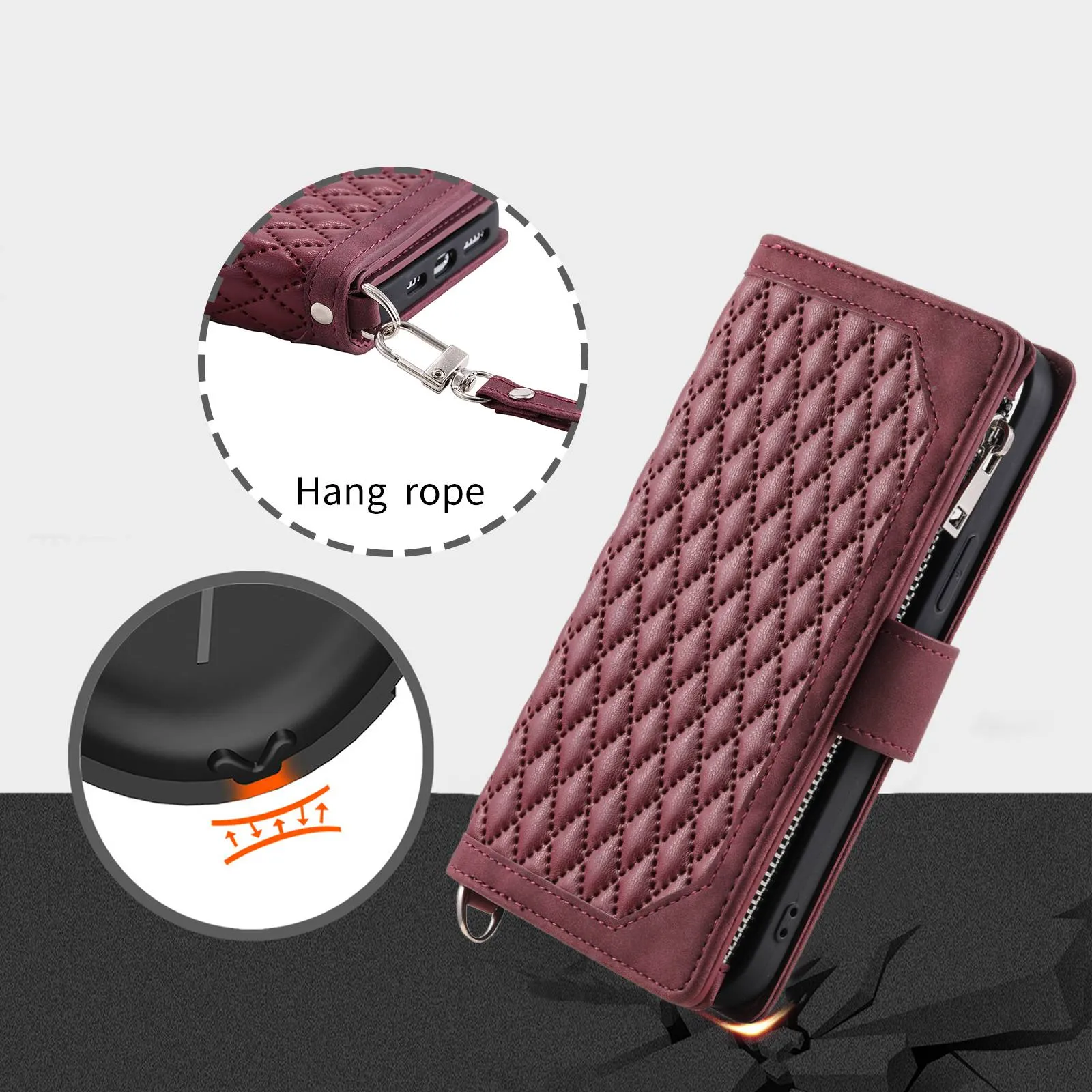 005 Style For iPhone 14 6.1 inch, Shockproof Zipper Pocket Flip Wallet Case Stand PU Leather Rhombus Texture Protective Phone Cover with Strap Card Holder