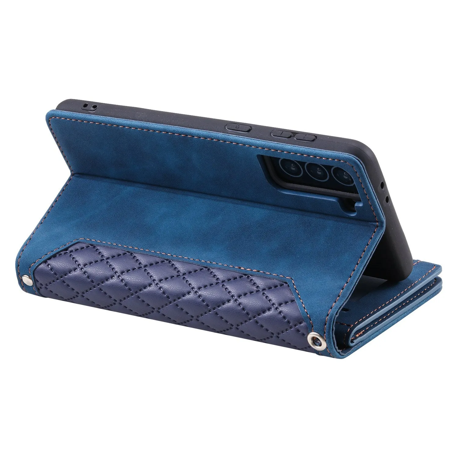 005 Style for Samsung Galaxy S21 FE 5G Rhombus Texture Anti-drop Phone Case PU Leather Zipper Pocket Stand Wallet Cover with Wrist Strap