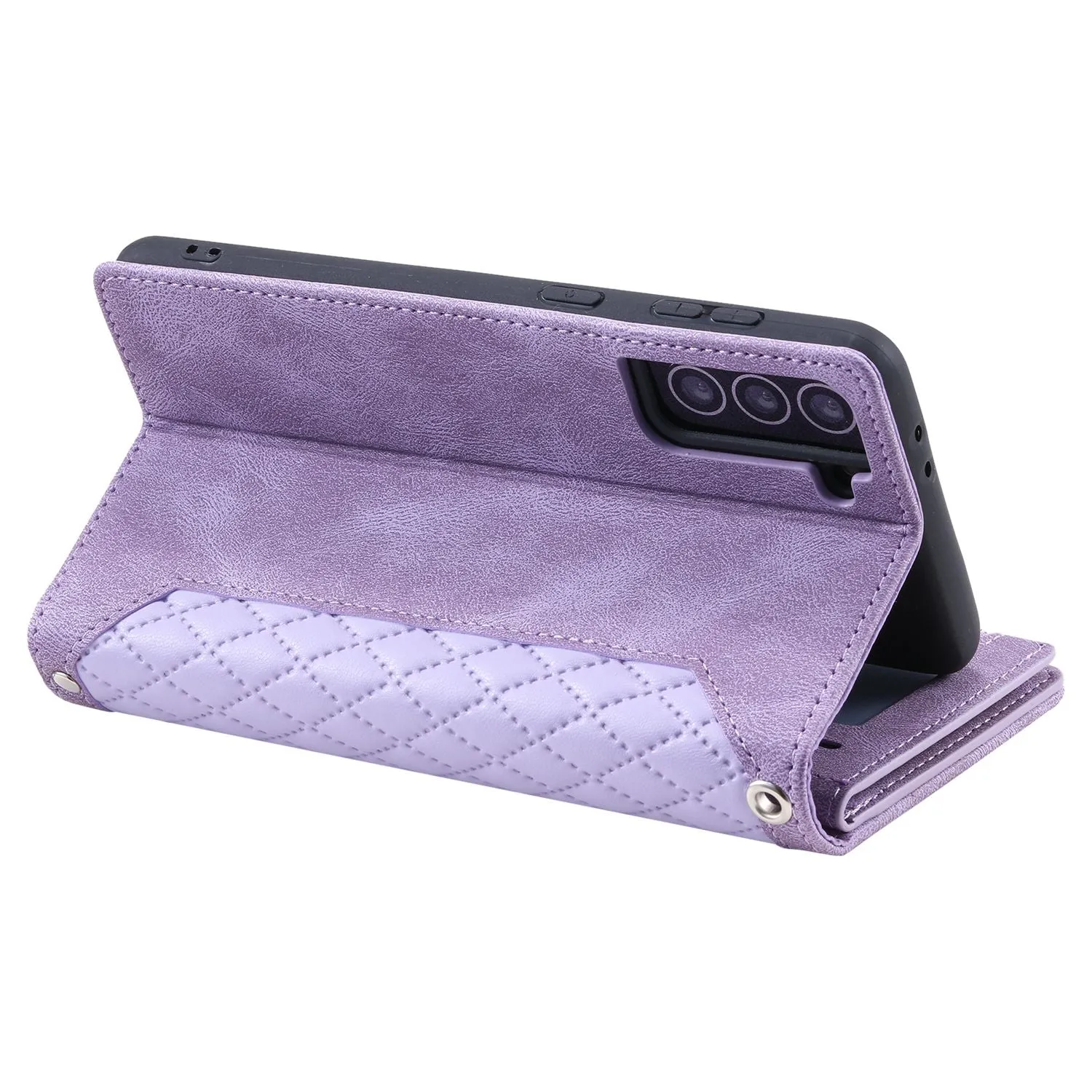 005 Style for Samsung Galaxy S21 FE 5G Rhombus Texture Anti-drop Phone Case PU Leather Zipper Pocket Stand Wallet Cover with Wrist Strap