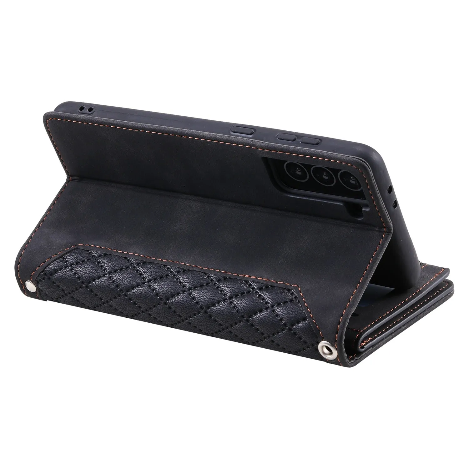 005 Style for Samsung Galaxy S21 FE 5G Rhombus Texture Anti-drop Phone Case PU Leather Zipper Pocket Stand Wallet Cover with Wrist Strap