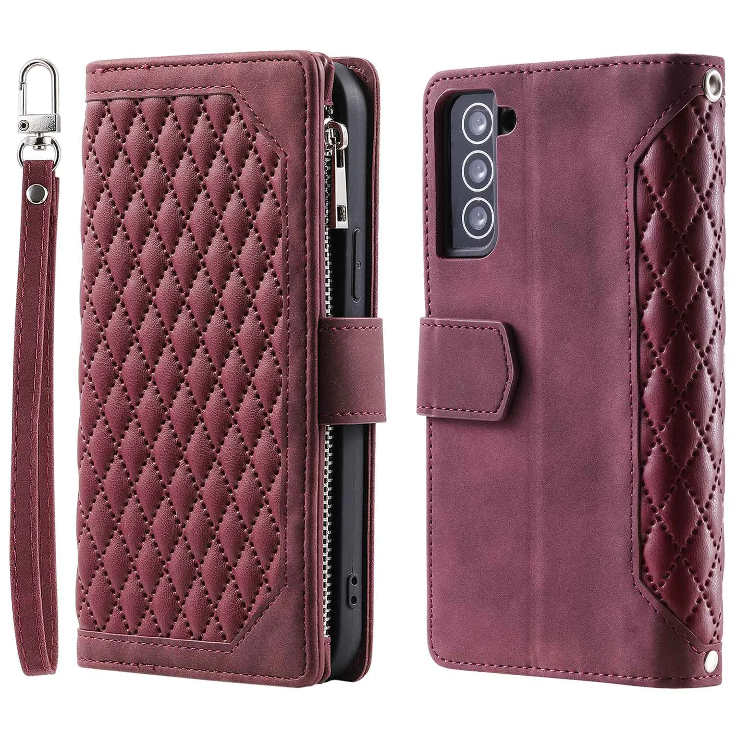 005 Style for Samsung Galaxy S21 FE 5G Rhombus Texture Anti-drop Phone Case PU Leather Zipper Pocket Stand Wallet Cover with Wrist Strap
