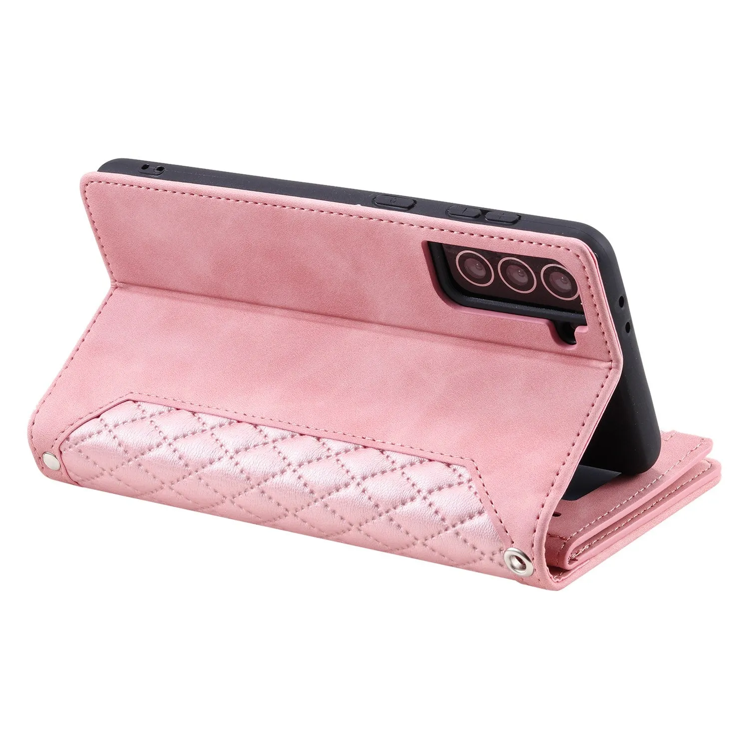 005 Style for Samsung Galaxy S21 FE 5G Rhombus Texture Anti-drop Phone Case PU Leather Zipper Pocket Stand Wallet Cover with Wrist Strap