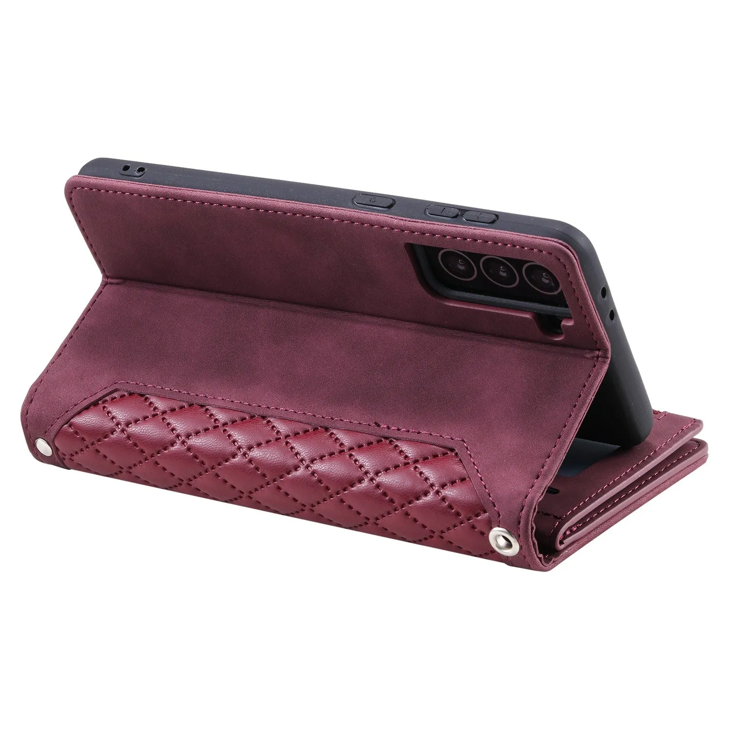 005 Style for Samsung Galaxy S21 FE 5G Rhombus Texture Anti-drop Phone Case PU Leather Zipper Pocket Stand Wallet Cover with Wrist Strap