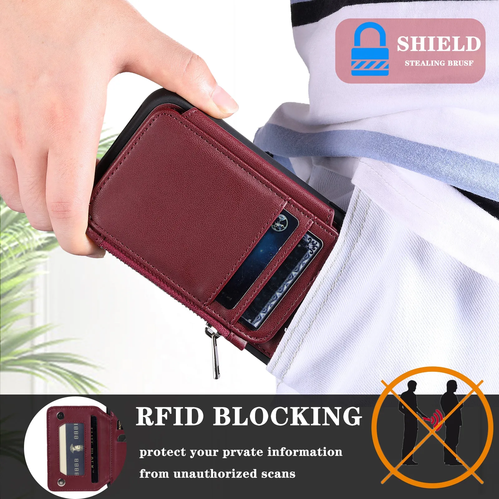 009 Cell Phone Back Case for iPhone 6 / 6s / 7 / 8 / SE (2020) / SE (2022) , RFID Blocking PU TPU Cover Kickstand Zipper Wallet Shell with Strap