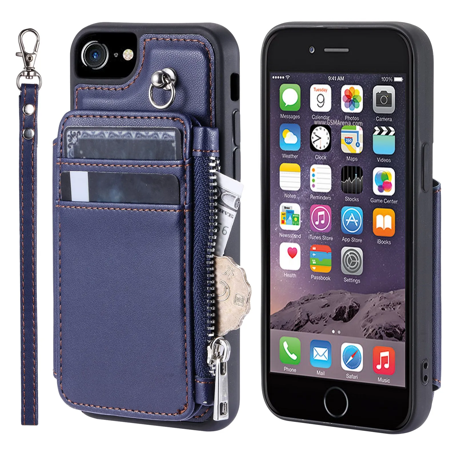 009 Cell Phone Back Case for iPhone 6 / 6s / 7 / 8 / SE (2020) / SE (2022) , RFID Blocking PU TPU Cover Kickstand Zipper Wallet Shell with Strap