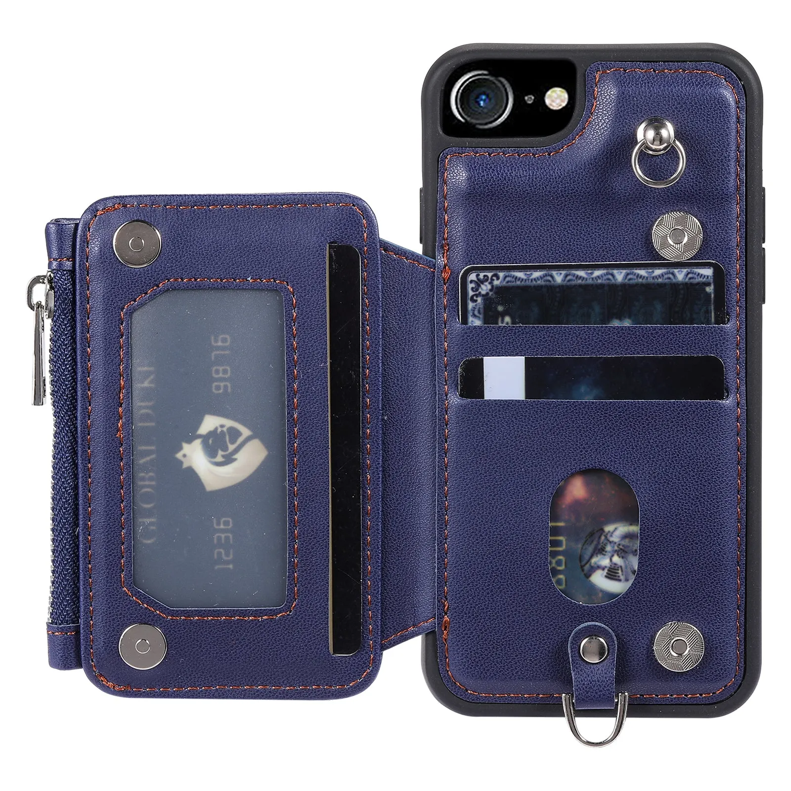 009 Cell Phone Back Case for iPhone 6 / 6s / 7 / 8 / SE (2020) / SE (2022) , RFID Blocking PU TPU Cover Kickstand Zipper Wallet Shell with Strap