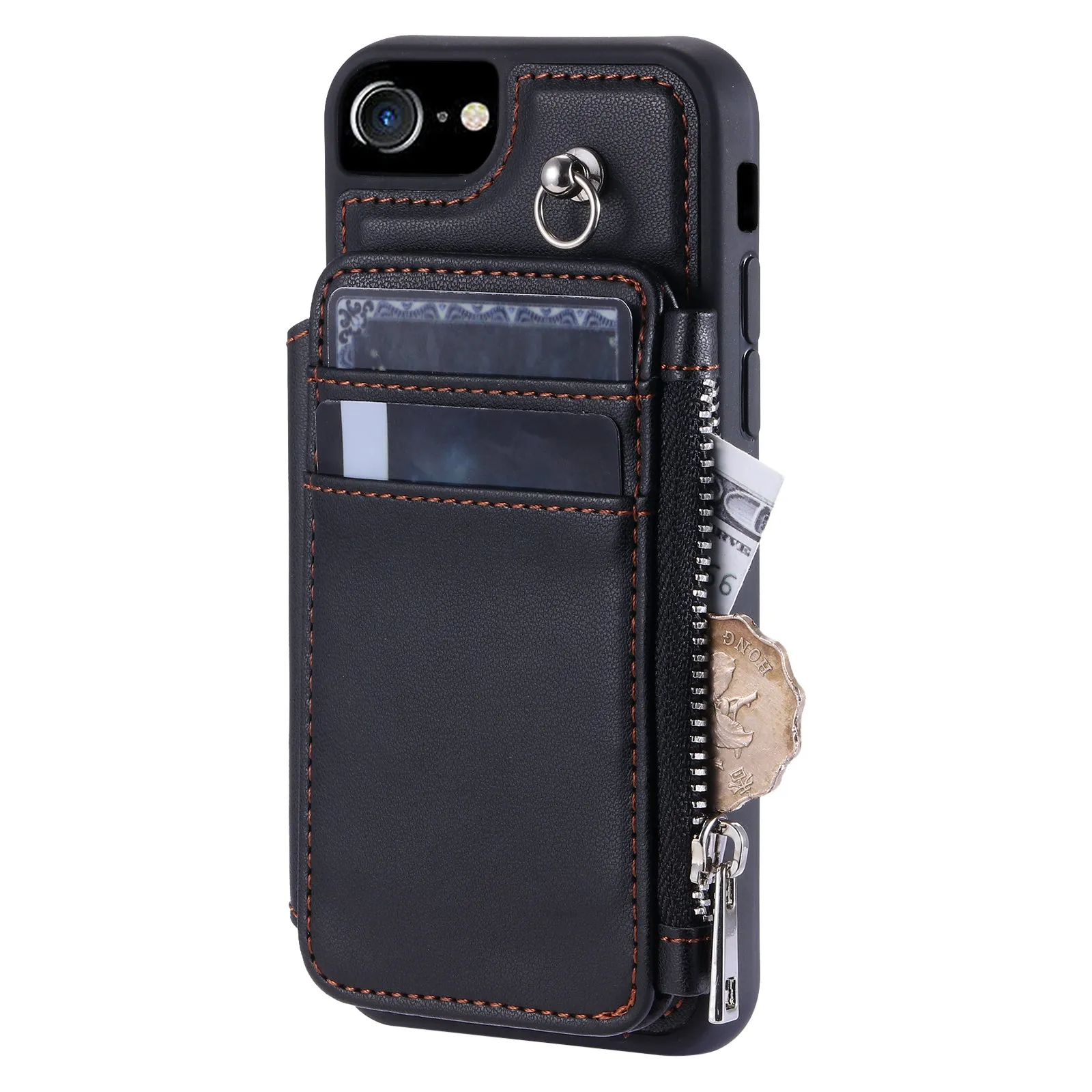 009 Cell Phone Back Case for iPhone 6 / 6s / 7 / 8 / SE (2020) / SE (2022) , RFID Blocking PU TPU Cover Kickstand Zipper Wallet Shell with Strap