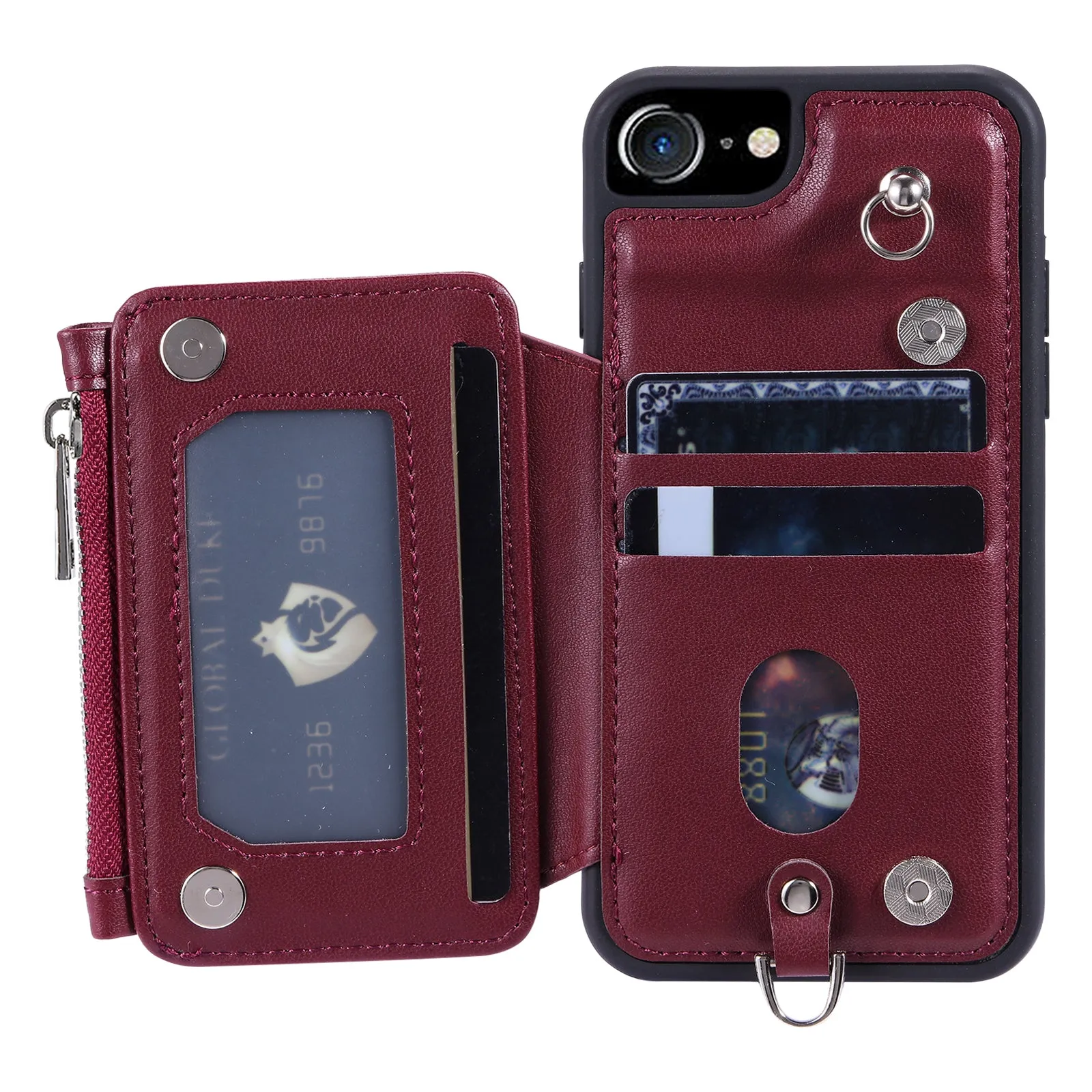 009 Cell Phone Back Case for iPhone 6 / 6s / 7 / 8 / SE (2020) / SE (2022) , RFID Blocking PU TPU Cover Kickstand Zipper Wallet Shell with Strap
