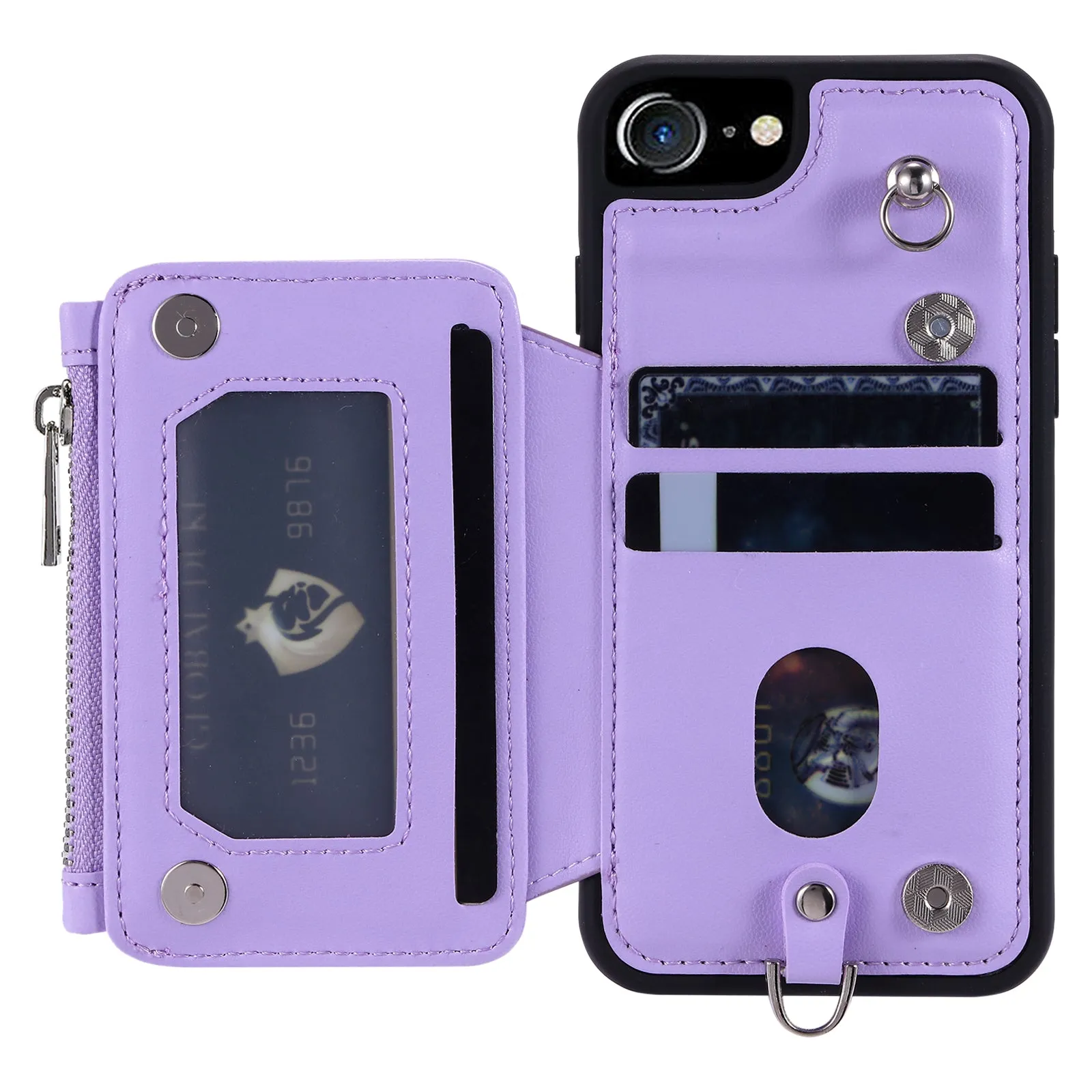 009 Cell Phone Back Case for iPhone 6 / 6s / 7 / 8 / SE (2020) / SE (2022) , RFID Blocking PU TPU Cover Kickstand Zipper Wallet Shell with Strap