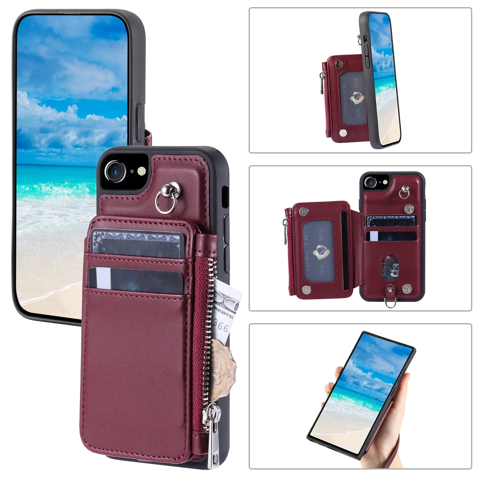 009 Cell Phone Back Case for iPhone 6 / 6s / 7 / 8 / SE (2020) / SE (2022) , RFID Blocking PU TPU Cover Kickstand Zipper Wallet Shell with Strap