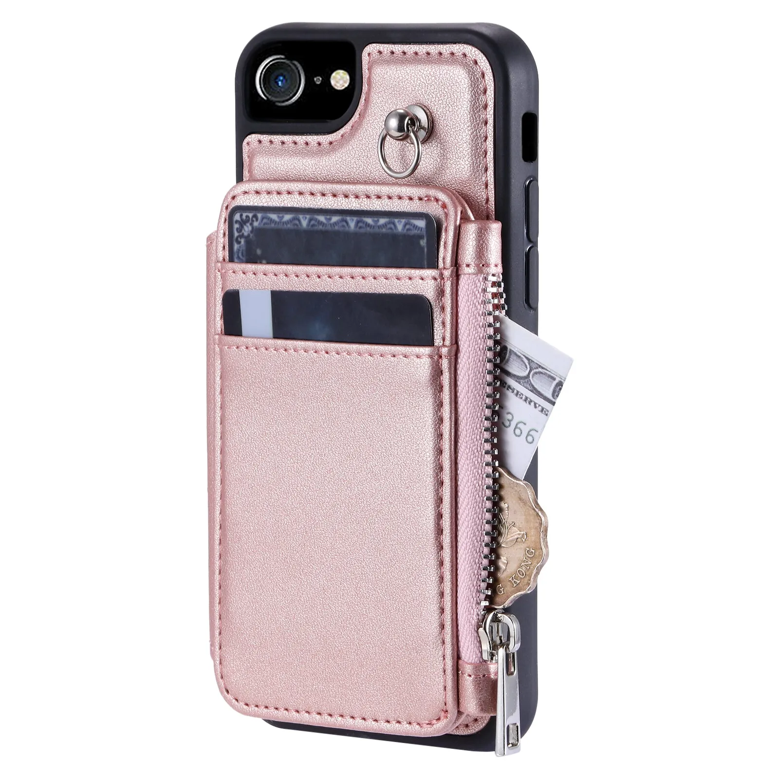 009 Cell Phone Back Case for iPhone 6 / 6s / 7 / 8 / SE (2020) / SE (2022) , RFID Blocking PU TPU Cover Kickstand Zipper Wallet Shell with Strap