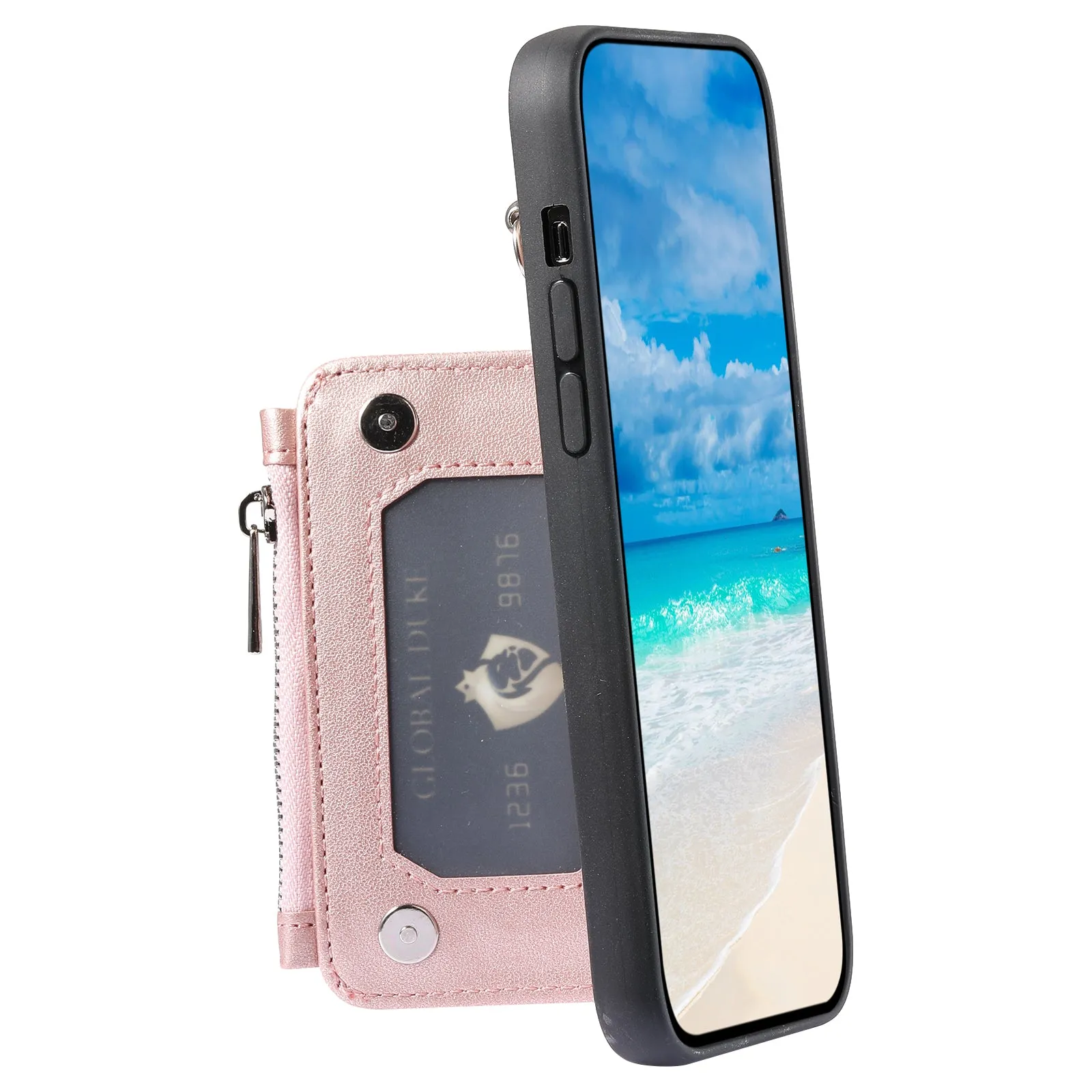 009 Cell Phone Back Case for iPhone 6 / 6s / 7 / 8 / SE (2020) / SE (2022) , RFID Blocking PU TPU Cover Kickstand Zipper Wallet Shell with Strap