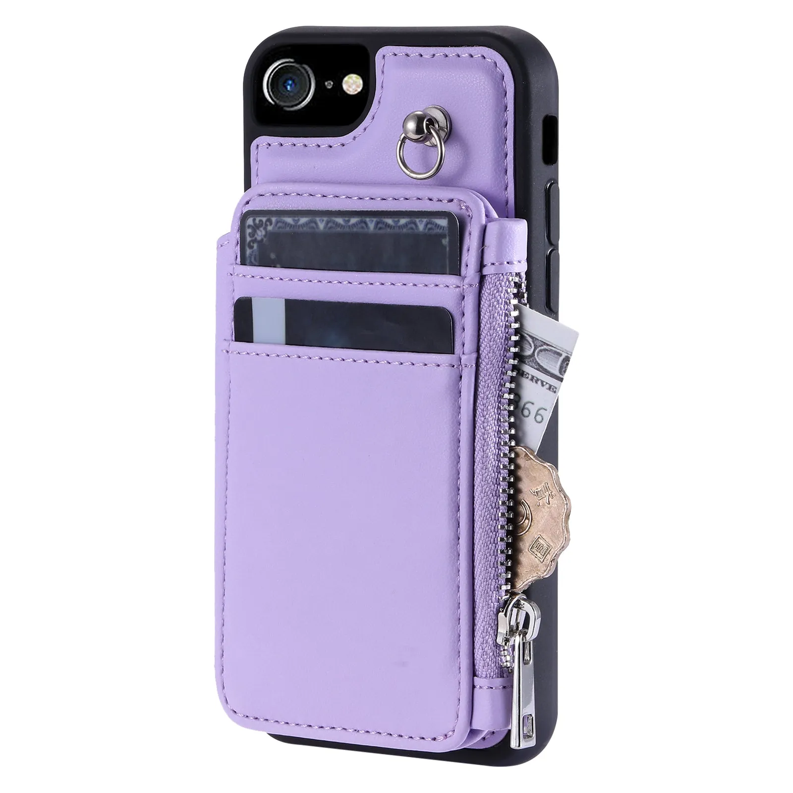 009 Cell Phone Back Case for iPhone 6 / 6s / 7 / 8 / SE (2020) / SE (2022) , RFID Blocking PU TPU Cover Kickstand Zipper Wallet Shell with Strap