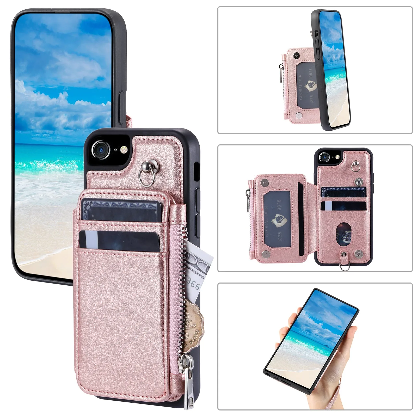 009 Cell Phone Back Case for iPhone 6 / 6s / 7 / 8 / SE (2020) / SE (2022) , RFID Blocking PU TPU Cover Kickstand Zipper Wallet Shell with Strap