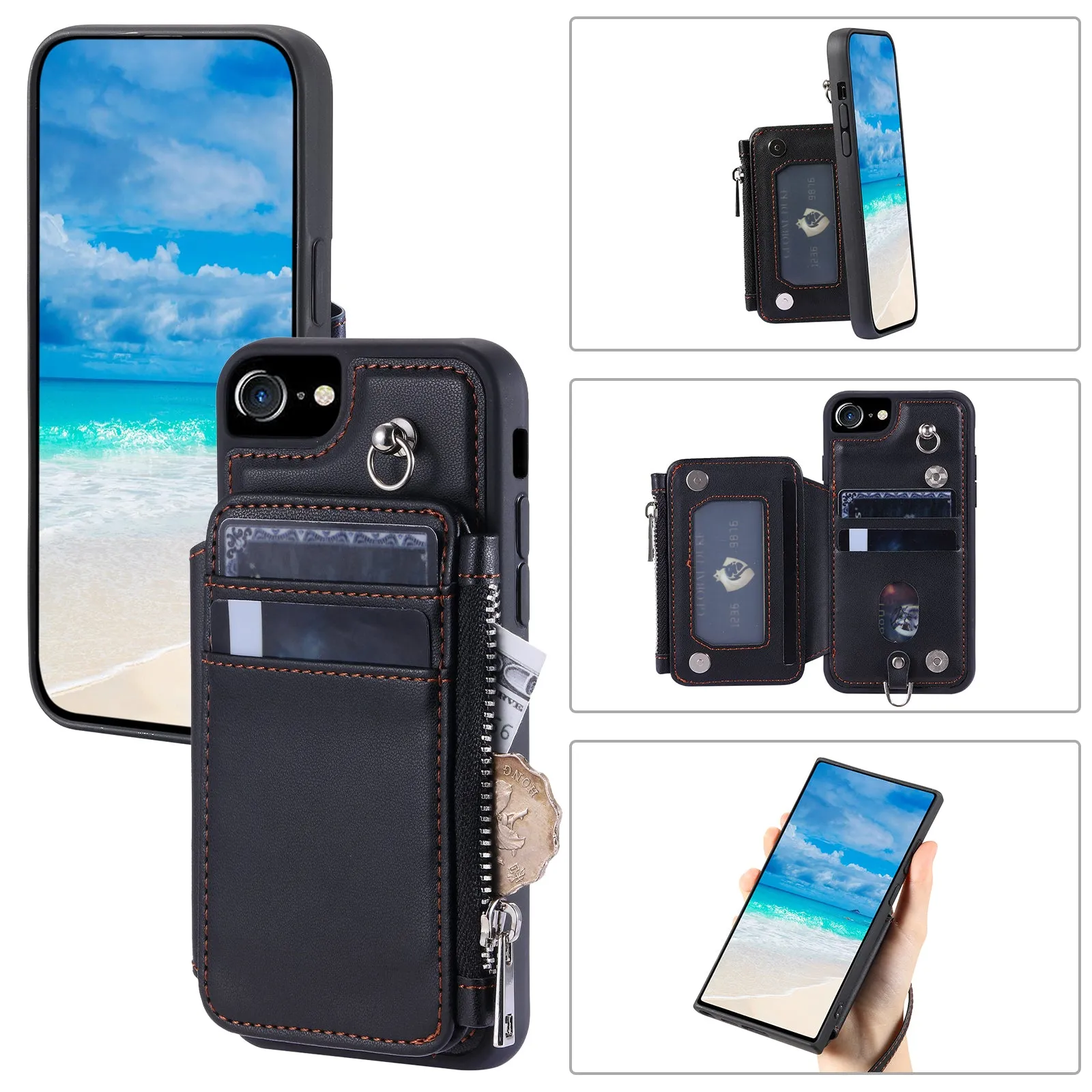009 Cell Phone Back Case for iPhone 6 / 6s / 7 / 8 / SE (2020) / SE (2022) , RFID Blocking PU TPU Cover Kickstand Zipper Wallet Shell with Strap