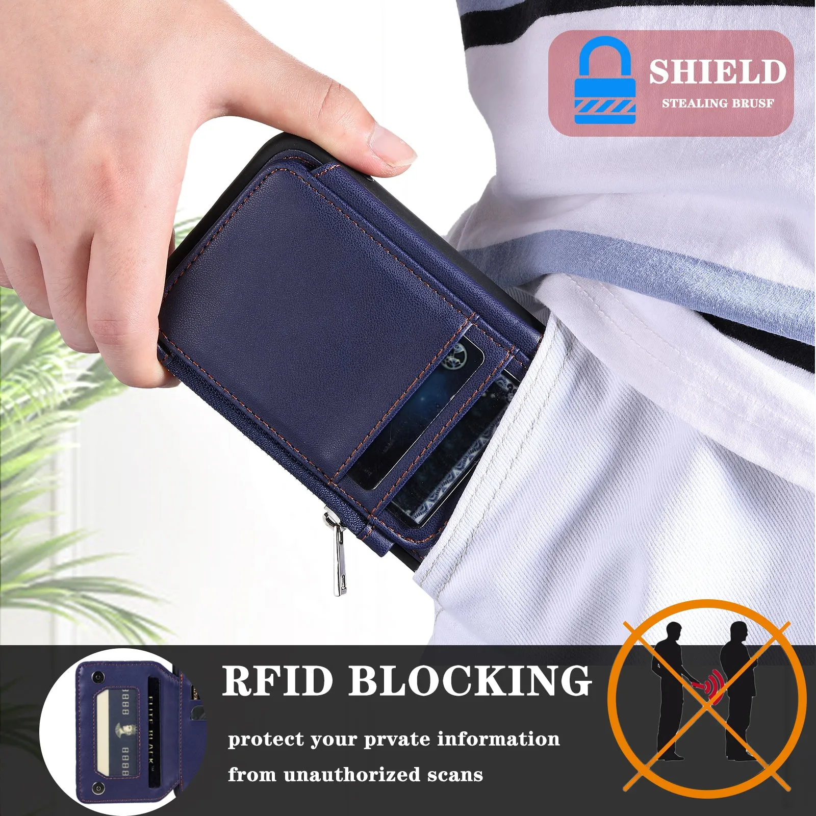 009 Cell Phone Back Case for iPhone 6 / 6s / 7 / 8 / SE (2020) / SE (2022) , RFID Blocking PU TPU Cover Kickstand Zipper Wallet Shell with Strap