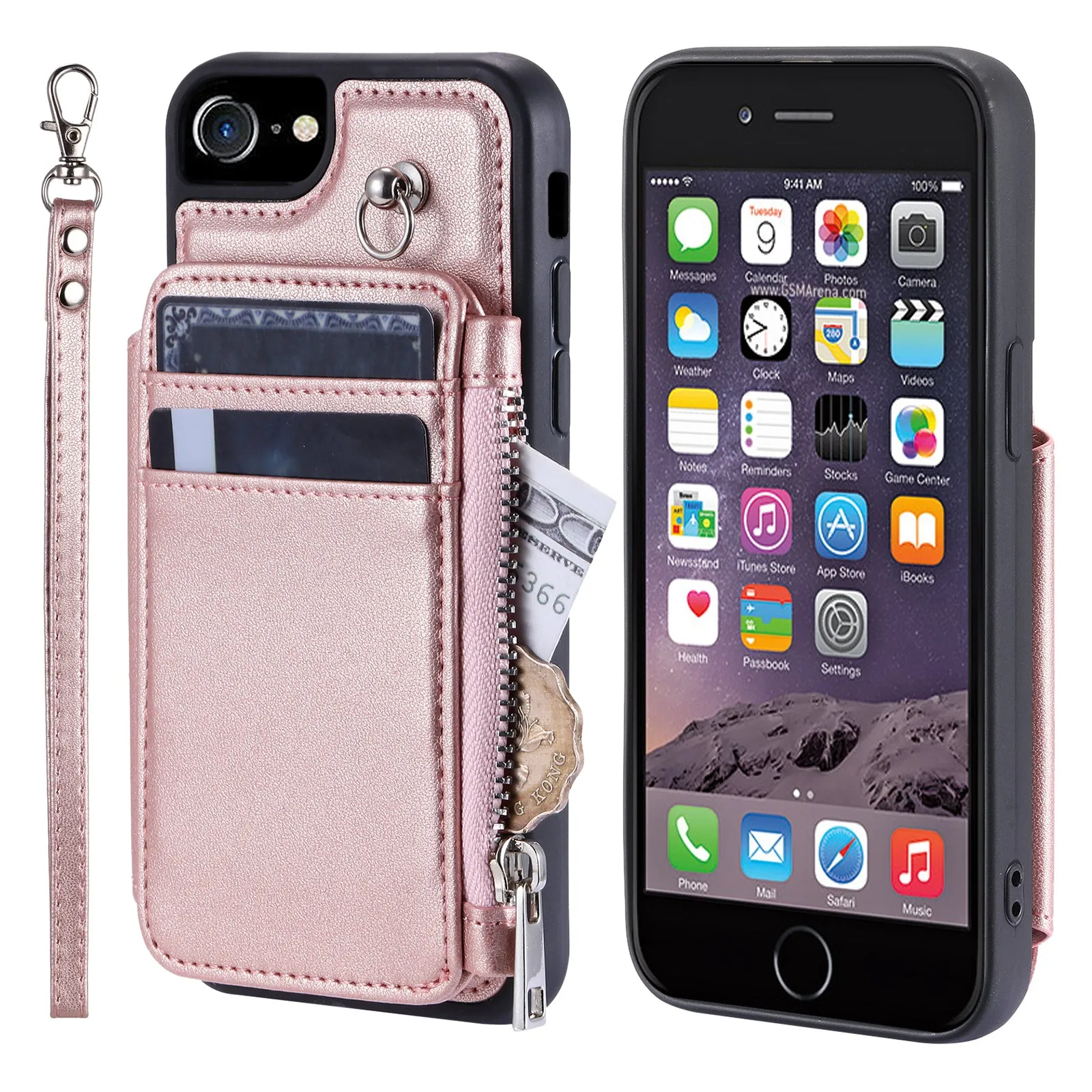 009 Cell Phone Back Case for iPhone 6 / 6s / 7 / 8 / SE (2020) / SE (2022) , RFID Blocking PU TPU Cover Kickstand Zipper Wallet Shell with Strap