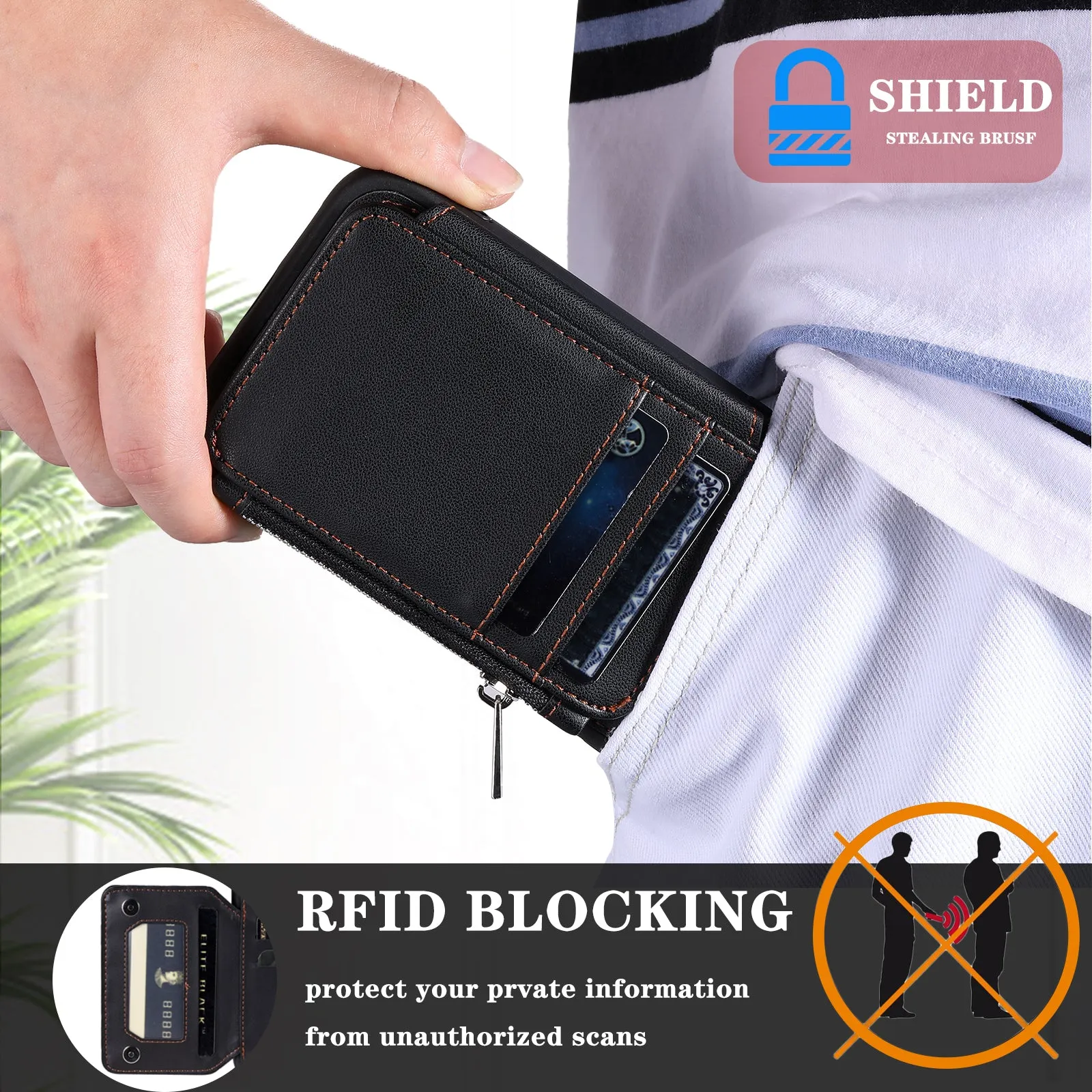 009 Cell Phone Back Case for iPhone 6 / 6s / 7 / 8 / SE (2020) / SE (2022) , RFID Blocking PU TPU Cover Kickstand Zipper Wallet Shell with Strap
