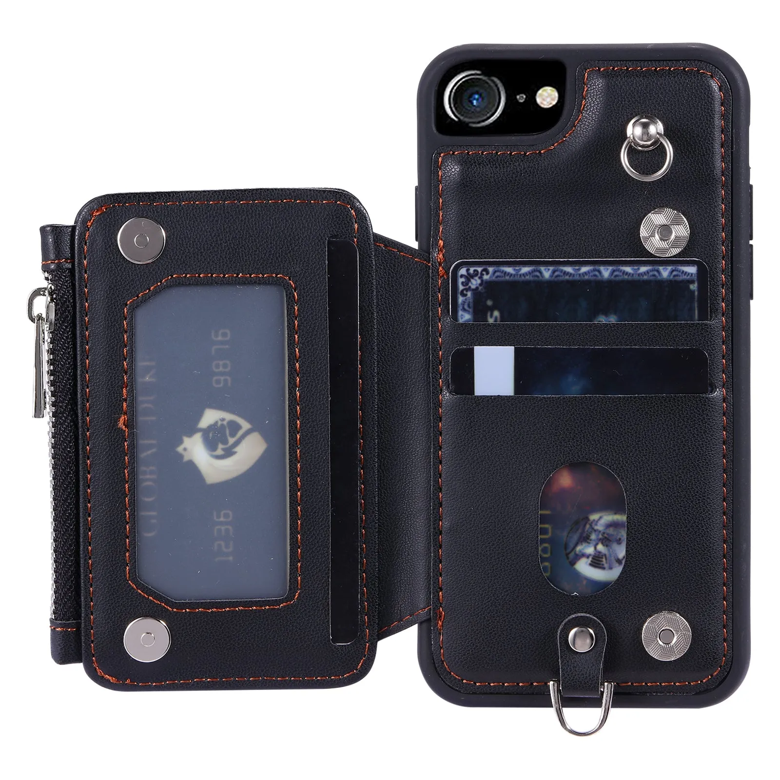 009 Cell Phone Back Case for iPhone 6 / 6s / 7 / 8 / SE (2020) / SE (2022) , RFID Blocking PU TPU Cover Kickstand Zipper Wallet Shell with Strap