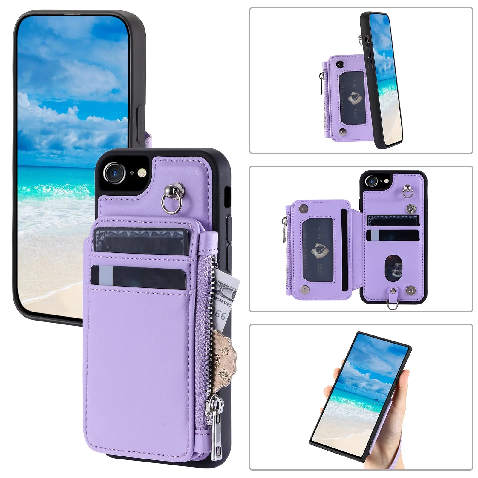 009 Cell Phone Back Case for iPhone 6 / 6s / 7 / 8 / SE (2020) / SE (2022) , RFID Blocking PU TPU Cover Kickstand Zipper Wallet Shell with Strap