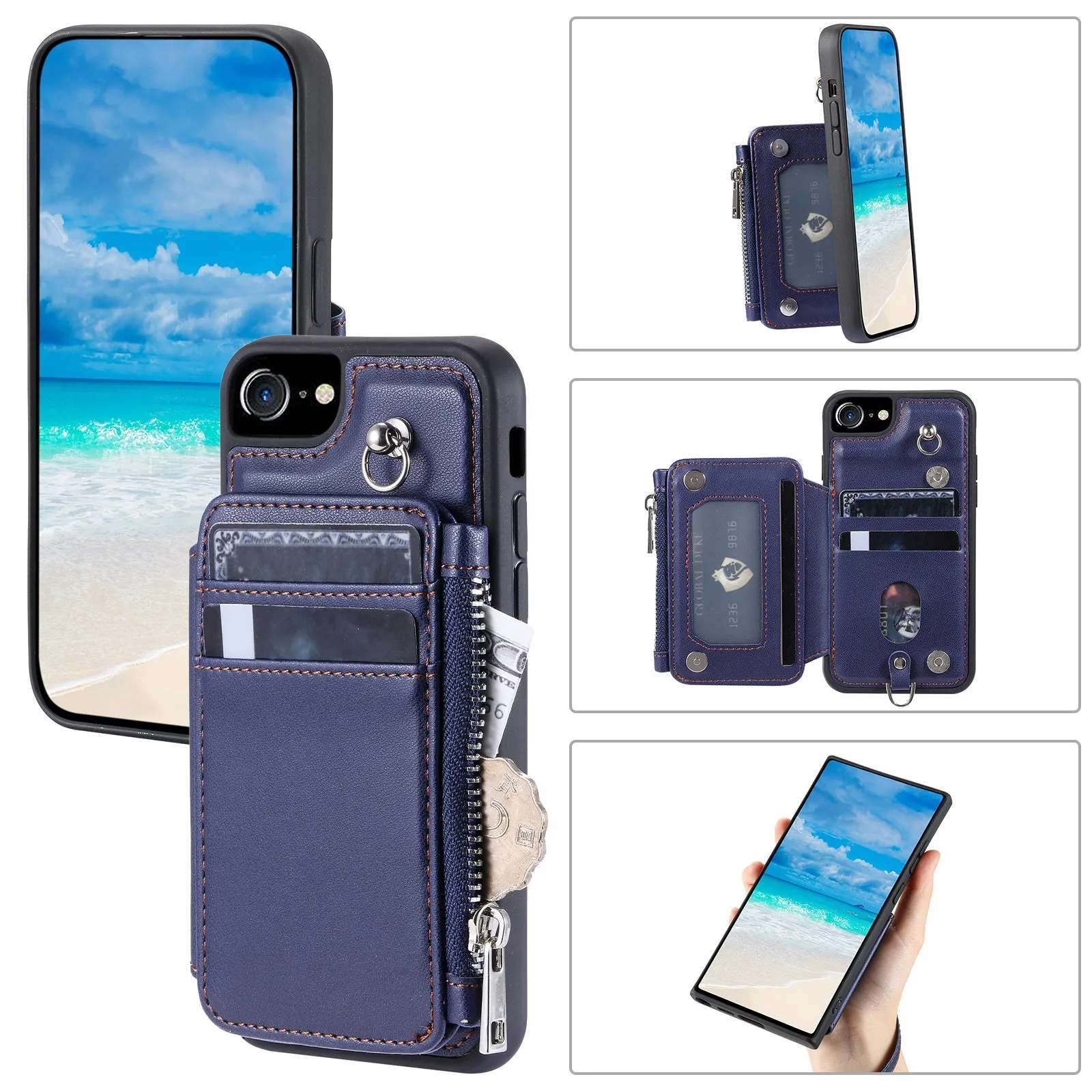 009 Cell Phone Back Case for iPhone 6 / 6s / 7 / 8 / SE (2020) / SE (2022) , RFID Blocking PU TPU Cover Kickstand Zipper Wallet Shell with Strap