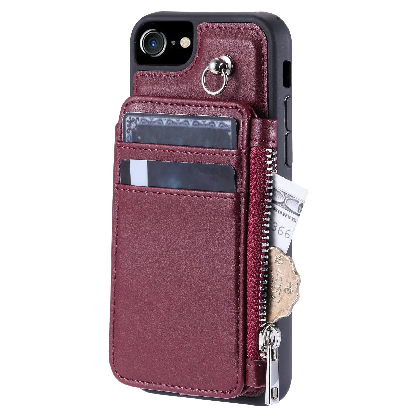 009 Cell Phone Back Case for iPhone 6 / 6s / 7 / 8 / SE (2020) / SE (2022) , RFID Blocking PU TPU Cover Kickstand Zipper Wallet Shell with Strap