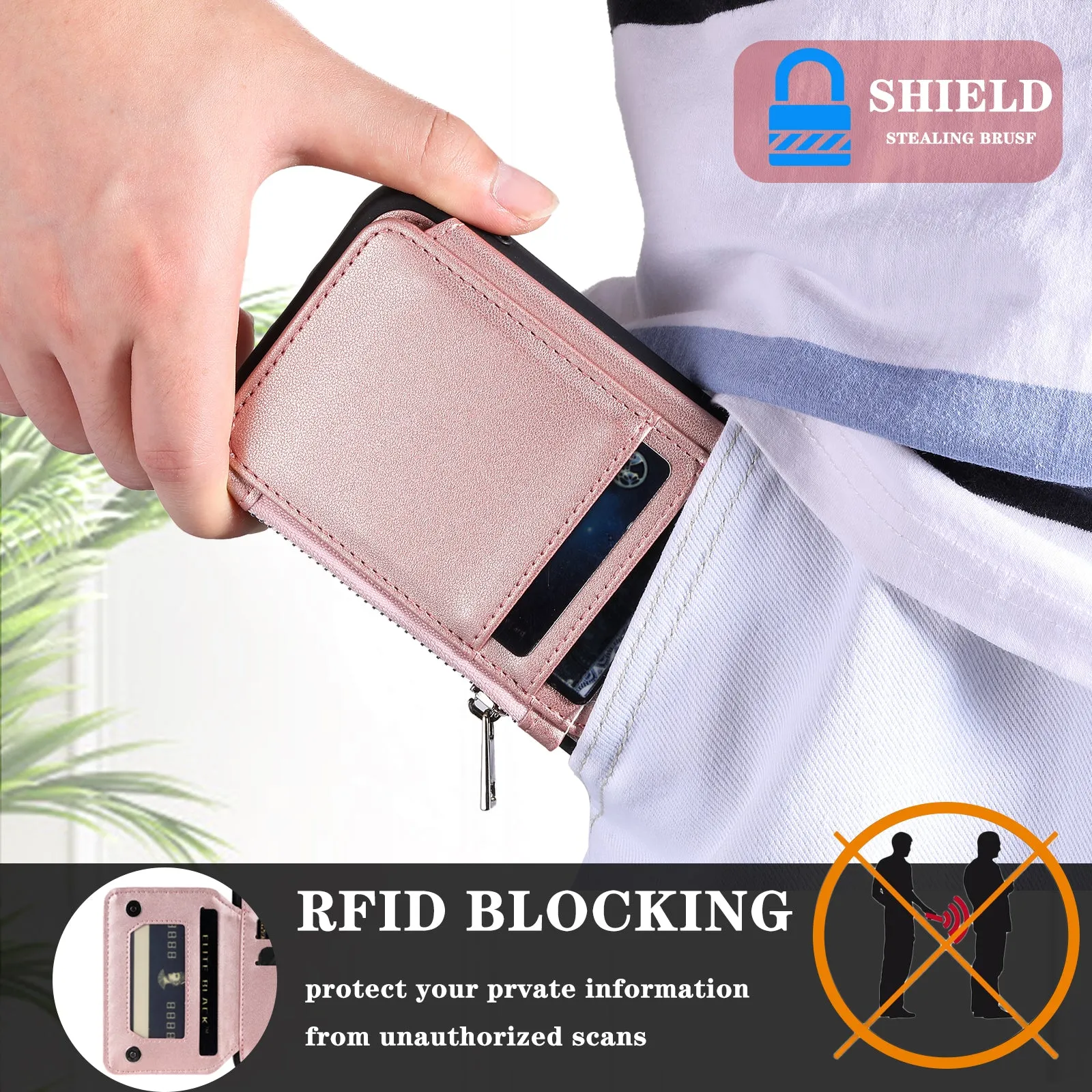 009 Cell Phone Back Case for iPhone 6 / 6s / 7 / 8 / SE (2020) / SE (2022) , RFID Blocking PU TPU Cover Kickstand Zipper Wallet Shell with Strap