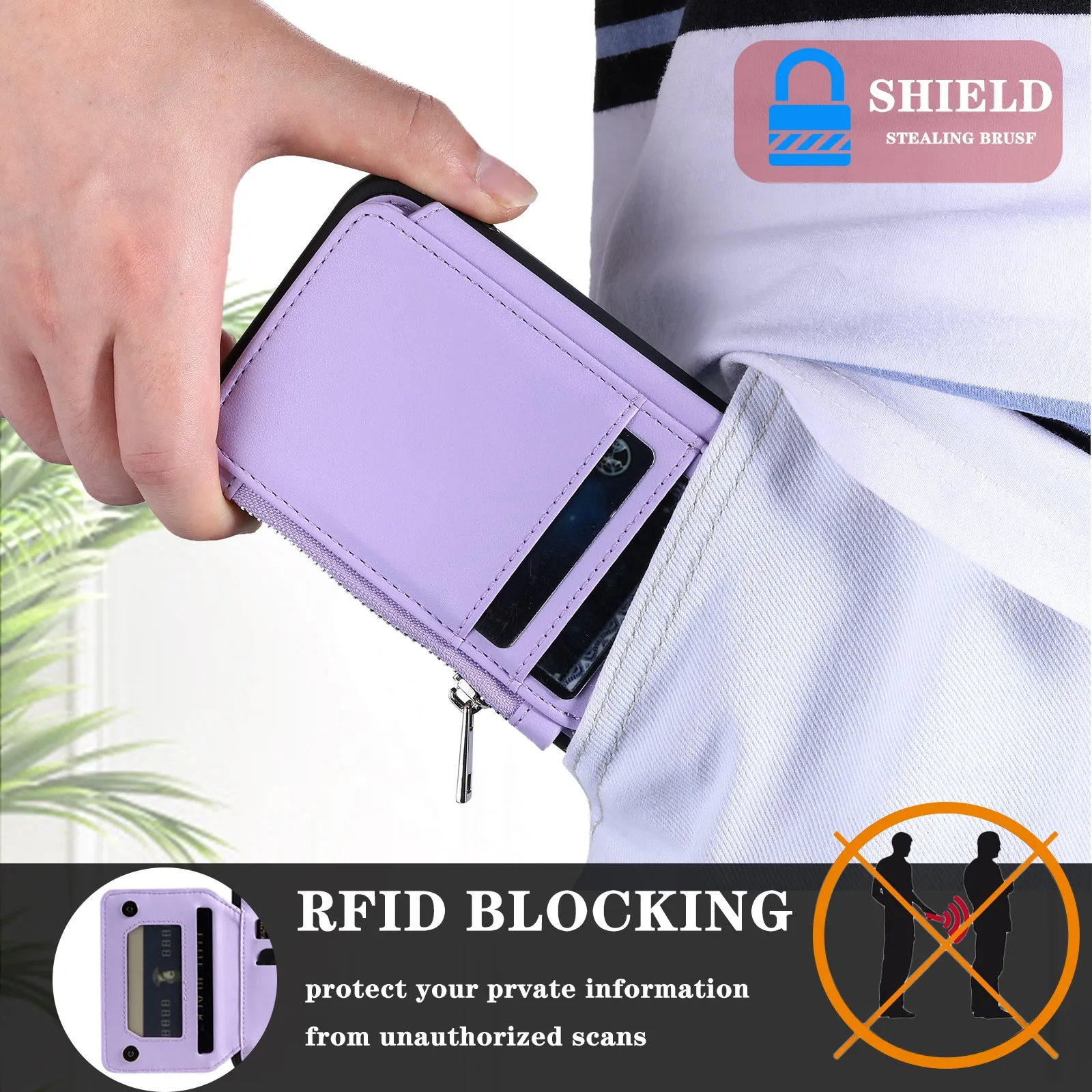 009 Cell Phone Back Case for iPhone 6 / 6s / 7 / 8 / SE (2020) / SE (2022) , RFID Blocking PU TPU Cover Kickstand Zipper Wallet Shell with Strap
