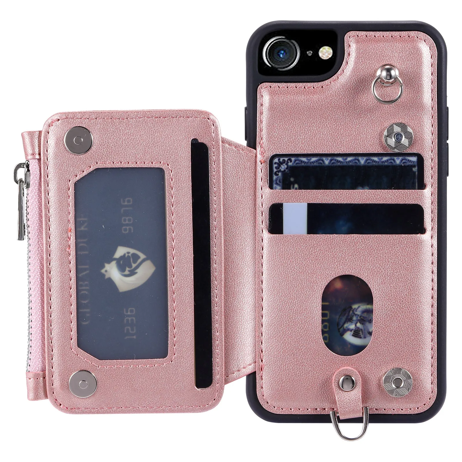 009 Cell Phone Back Case for iPhone 6 / 6s / 7 / 8 / SE (2020) / SE (2022) , RFID Blocking PU TPU Cover Kickstand Zipper Wallet Shell with Strap