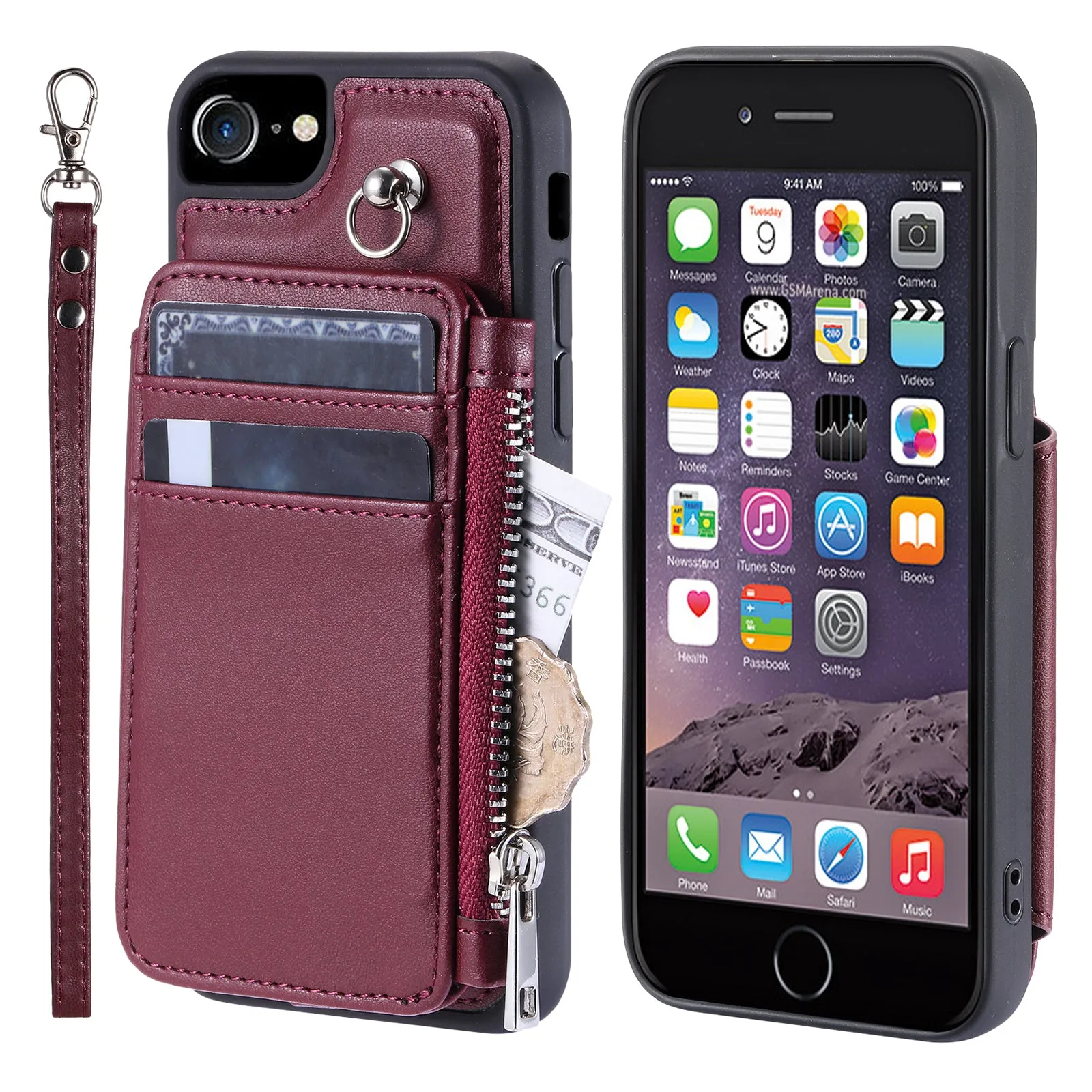 009 Cell Phone Back Case for iPhone 6 / 6s / 7 / 8 / SE (2020) / SE (2022) , RFID Blocking PU TPU Cover Kickstand Zipper Wallet Shell with Strap