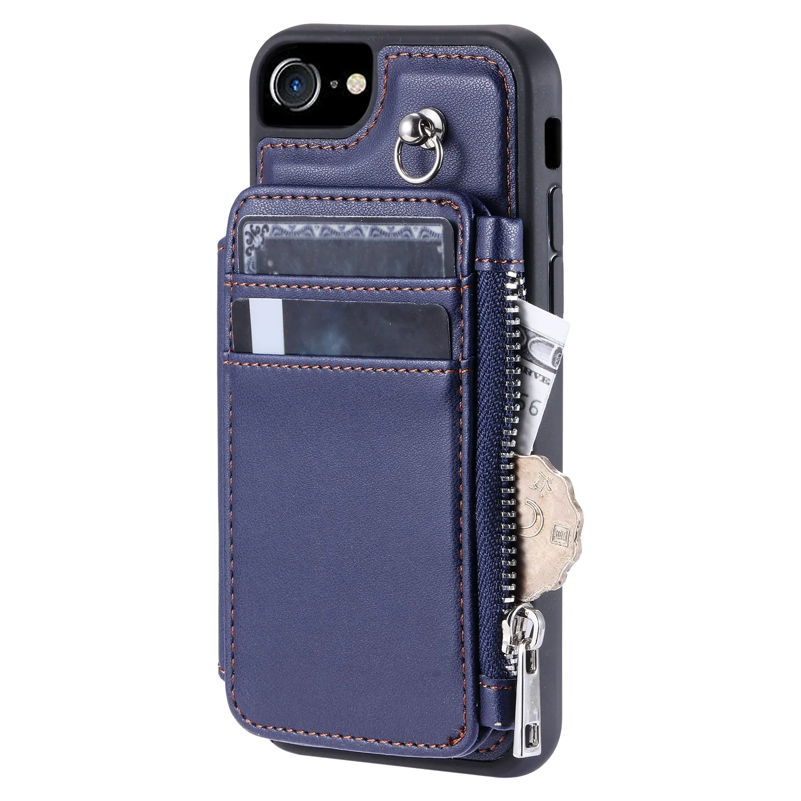 009 Cell Phone Back Case for iPhone 6 / 6s / 7 / 8 / SE (2020) / SE (2022) , RFID Blocking PU TPU Cover Kickstand Zipper Wallet Shell with Strap
