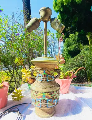 Antique Brass Gold Tone Colorful Cloisonne Enamel Ornate 2 Bulb Lamp Light Decor