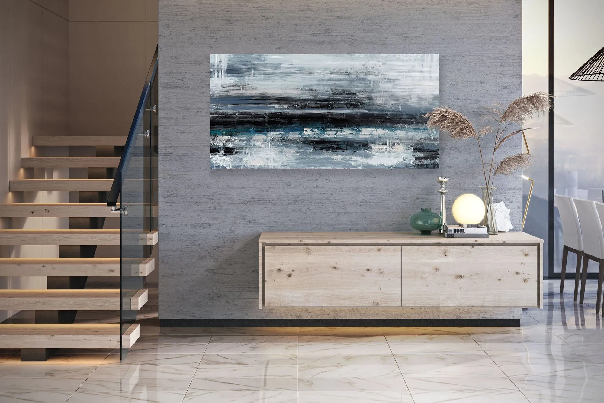 Black Blue Gray Wall Art Textured Abstract Painting Contemporary Art Fp098