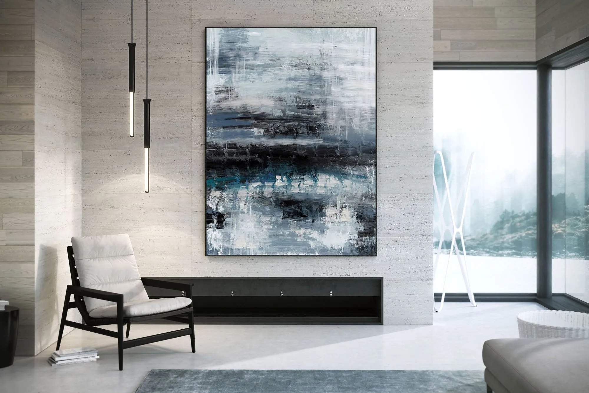 Black Blue Gray Wall Art Textured Abstract Painting Contemporary Art Fp098